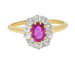 Antiker edwardianischer Halo-Ring, unbehandelter Burma-Rubin-Diamant-Platin 18 Karat Gold