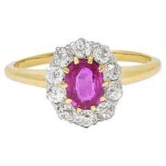 Bague halo édouardienne ancienne en or 18 carats, platine, diamants et rubis de Birmanie, sans chaleur