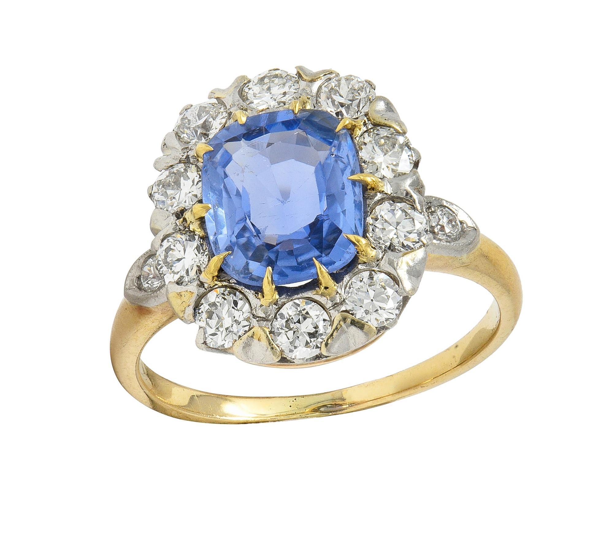 Edwardian No Heat Ceylon Sapphire Diamond Platinum 14K Antique Halo Ring GIA 5