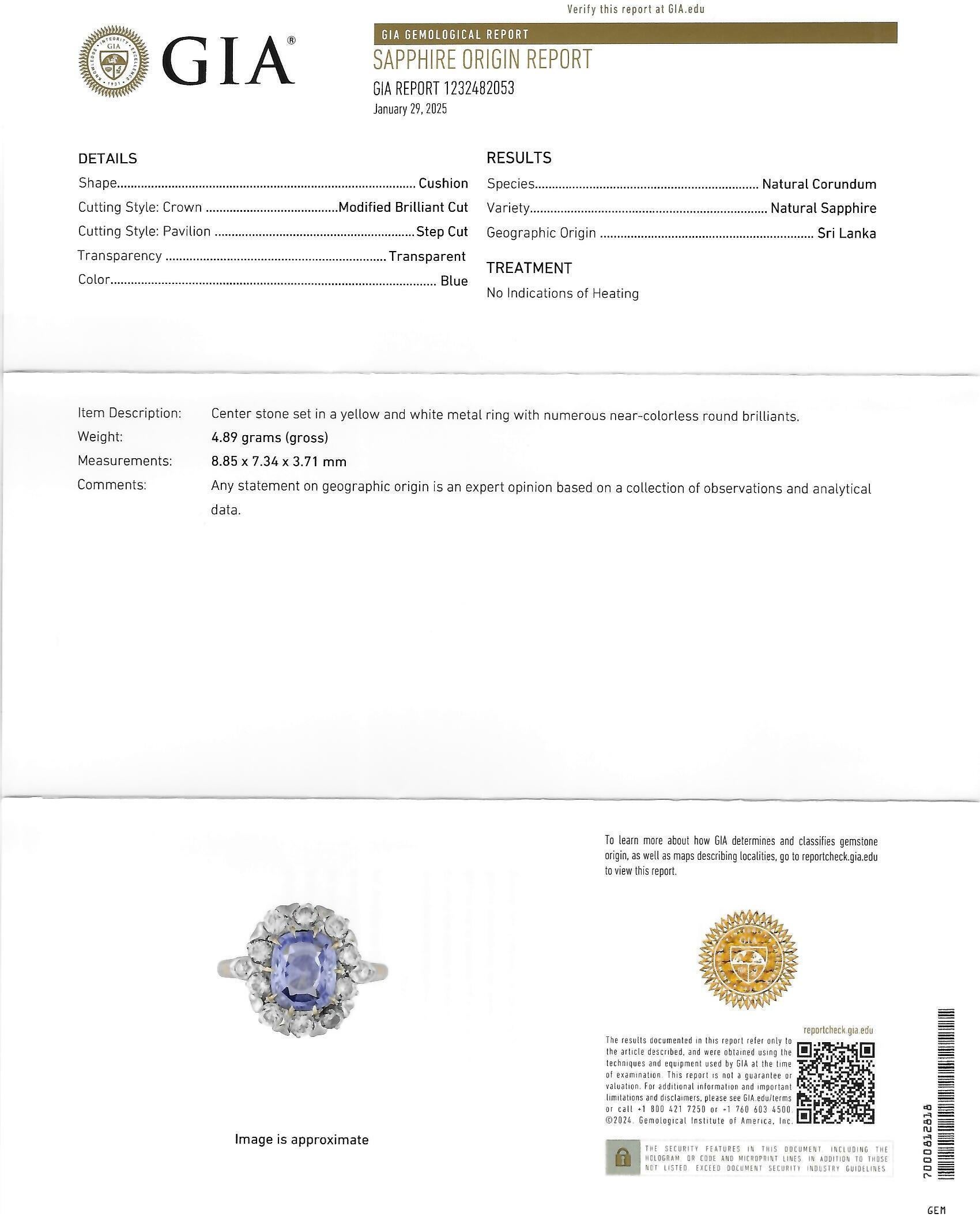 Edwardian No Heat Ceylon Sapphire Diamond Platinum 14K Antique Halo Ring GIA 6