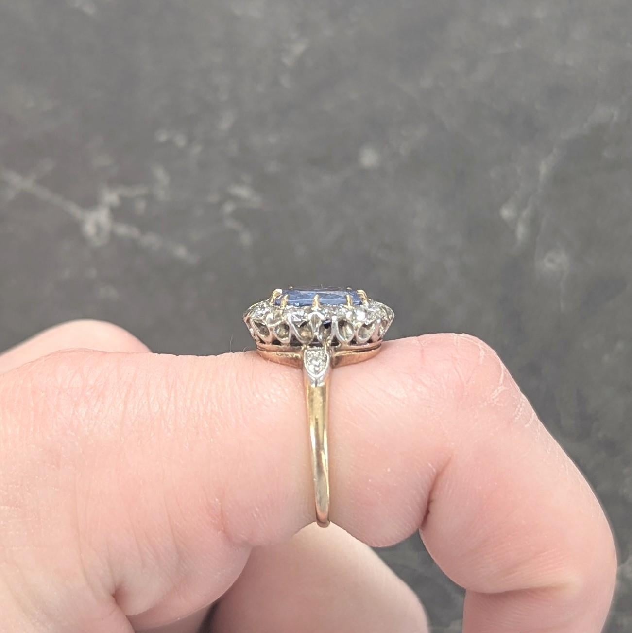 Edwardian No Heat Ceylon Sapphire Diamond Platinum 14K Antique Halo Ring GIA 8