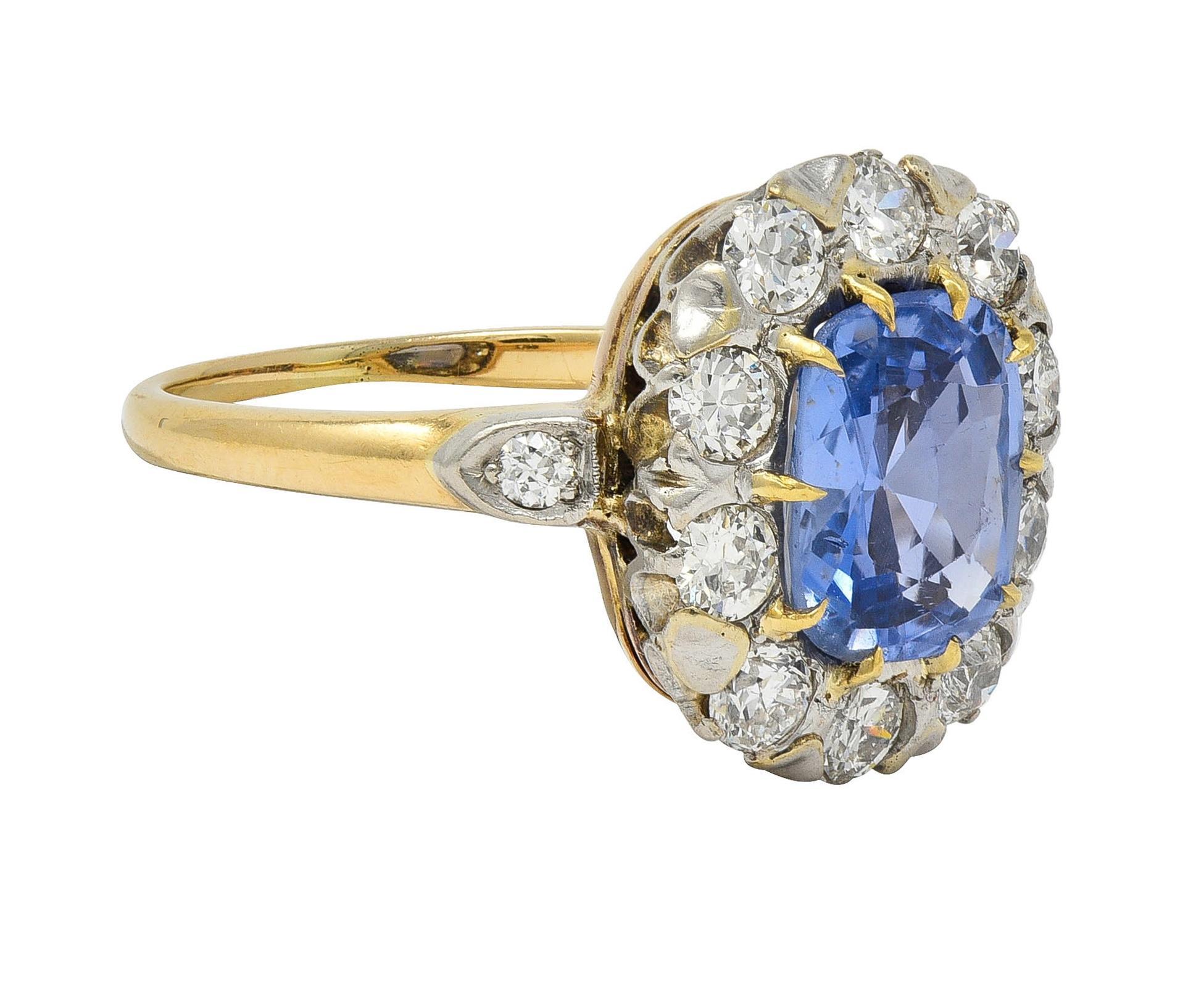 Cushion Cut Edwardian No Heat Ceylon Sapphire Diamond Platinum 14K Antique Halo Ring GIA