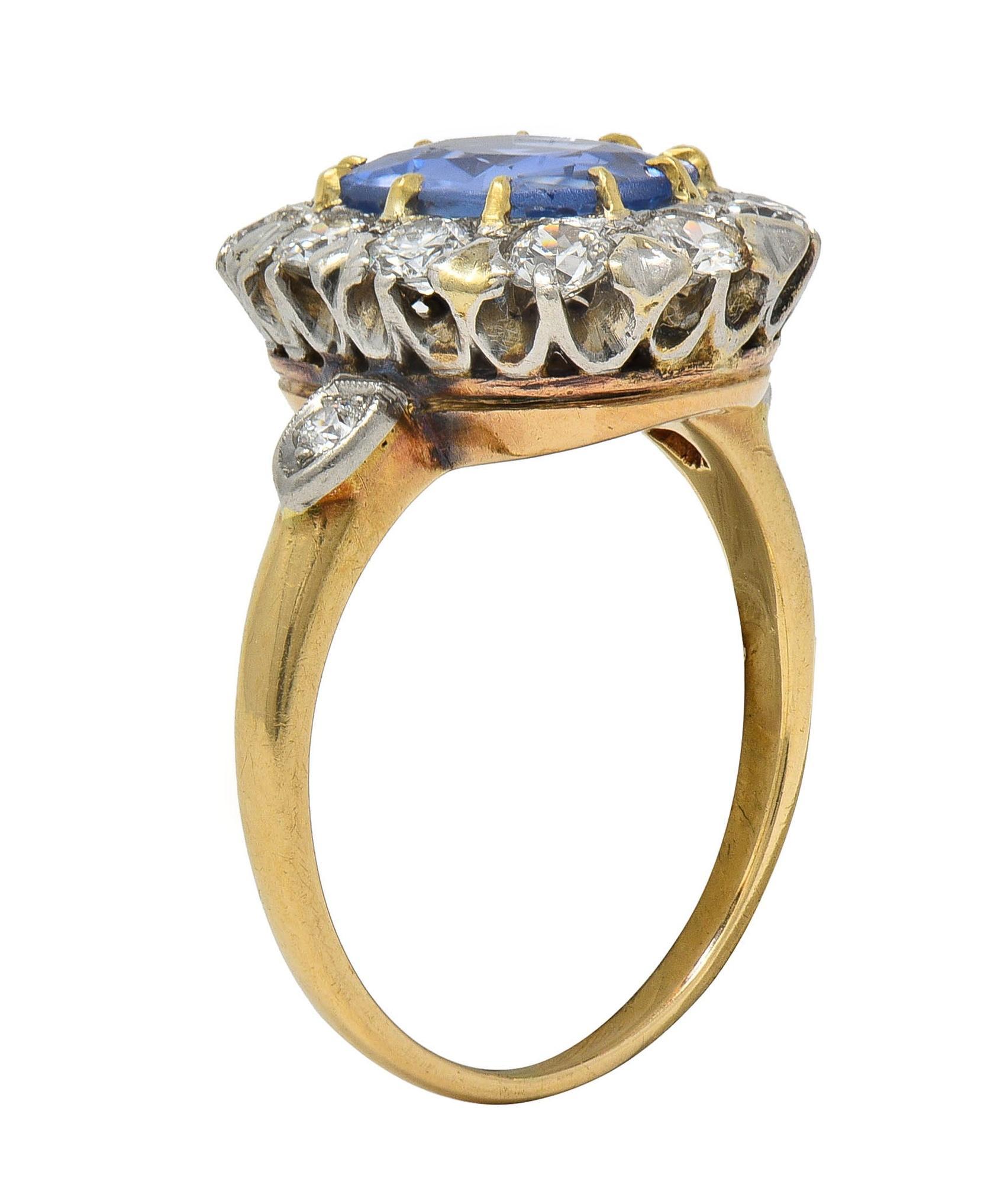 Edwardian No Heat Ceylon Sapphire Diamond Platinum 14K Antique Halo Ring GIA In Excellent Condition In Philadelphia, PA
