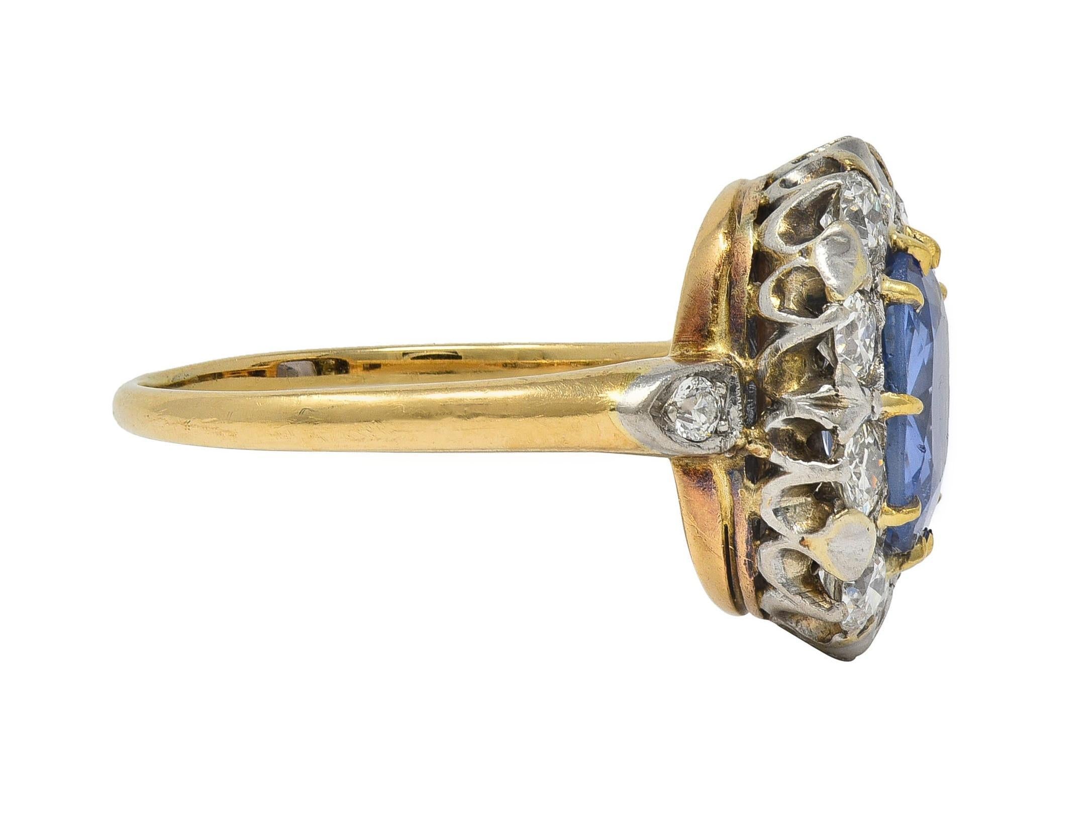 Women's or Men's Edwardian No Heat Ceylon Sapphire Diamond Platinum 14K Antique Halo Ring GIA