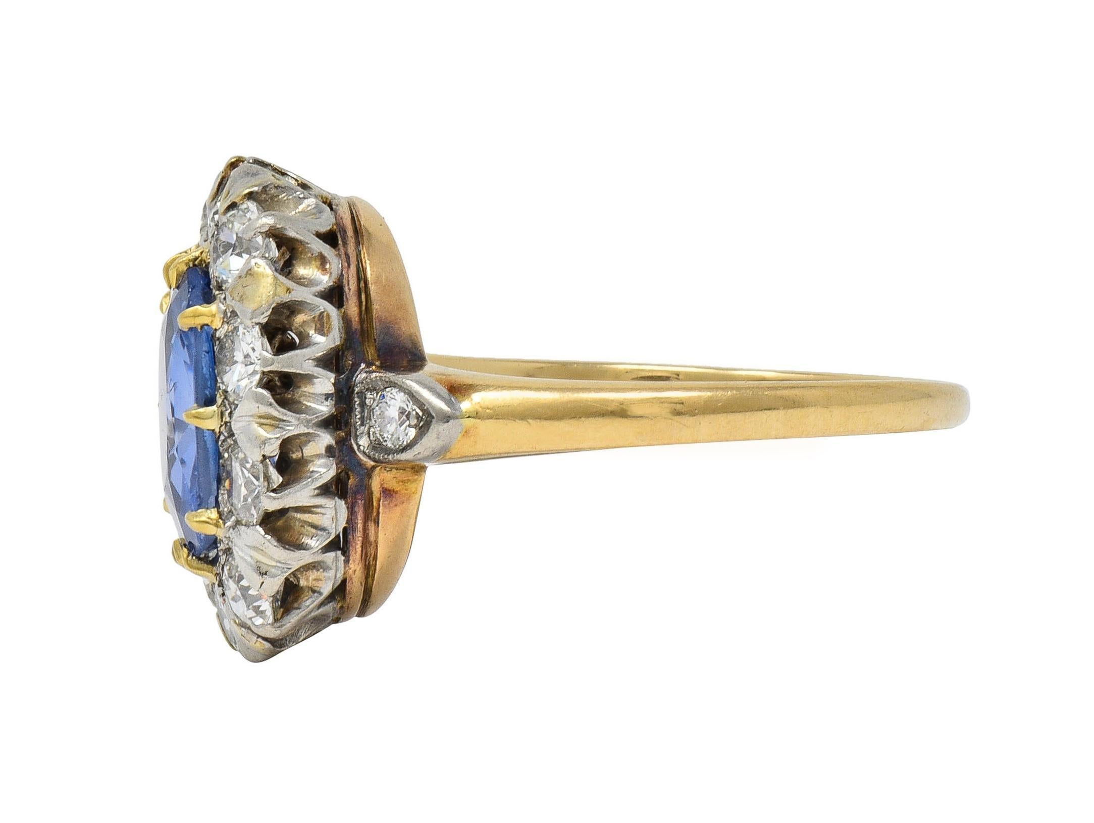 Edwardian No Heat Ceylon Sapphire Diamond Platinum 14K Antique Halo Ring GIA 2