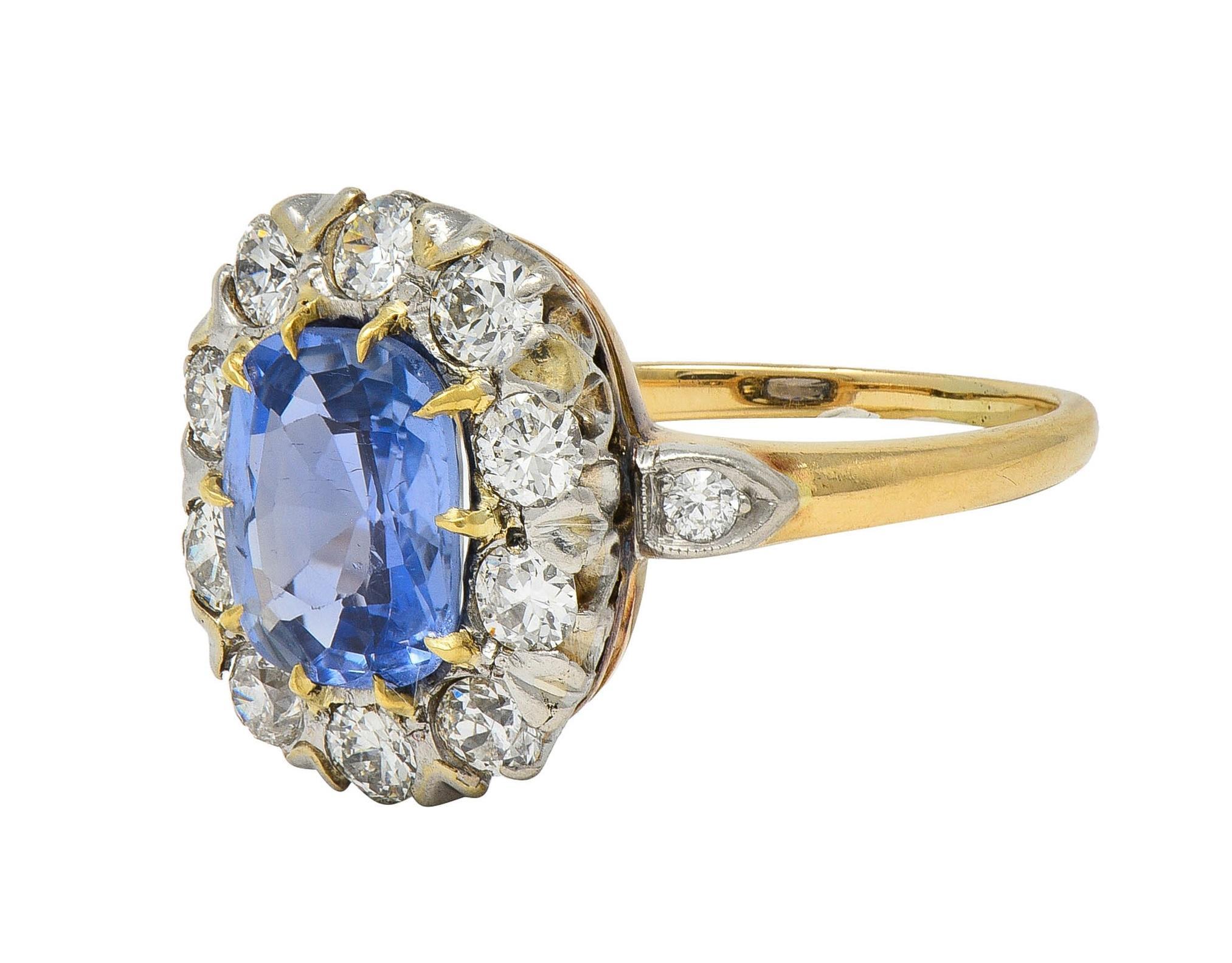 Edwardian No Heat Ceylon Sapphire Diamond Platinum 14K Antique Halo Ring GIA 3
