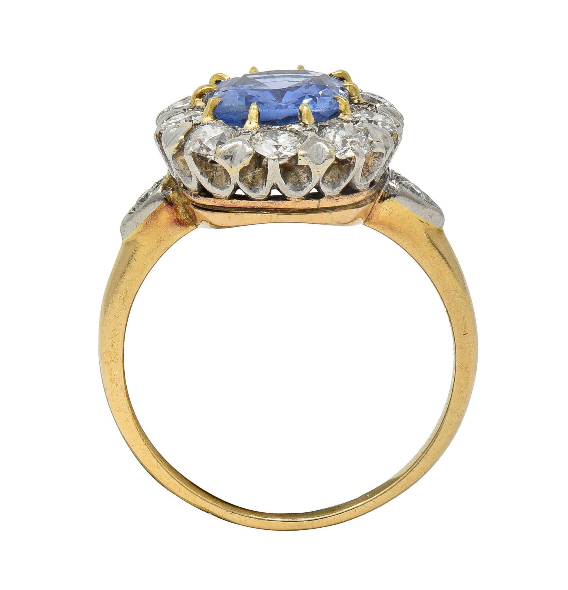 Edwardian No Heat Ceylon Sapphire Diamond Platinum 14K Antique Halo Ring GIA 4