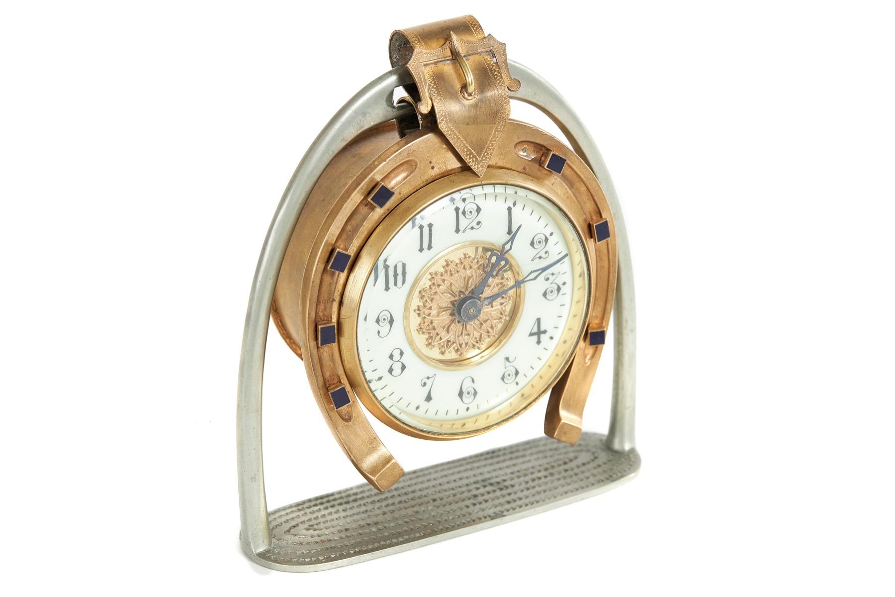 Edwardian Novelty Gilt Brass & Nickel Plated Stirrup Clock In Good Condition In Dereham, GB