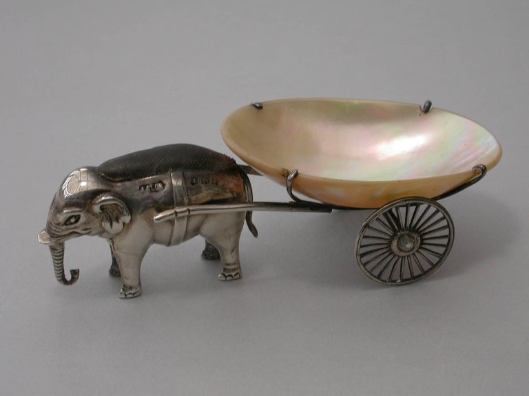 English Edwardian Novelty Silver Elephant Pulling a Cart Pin Cushion Adie & Lovekin 1910 For Sale