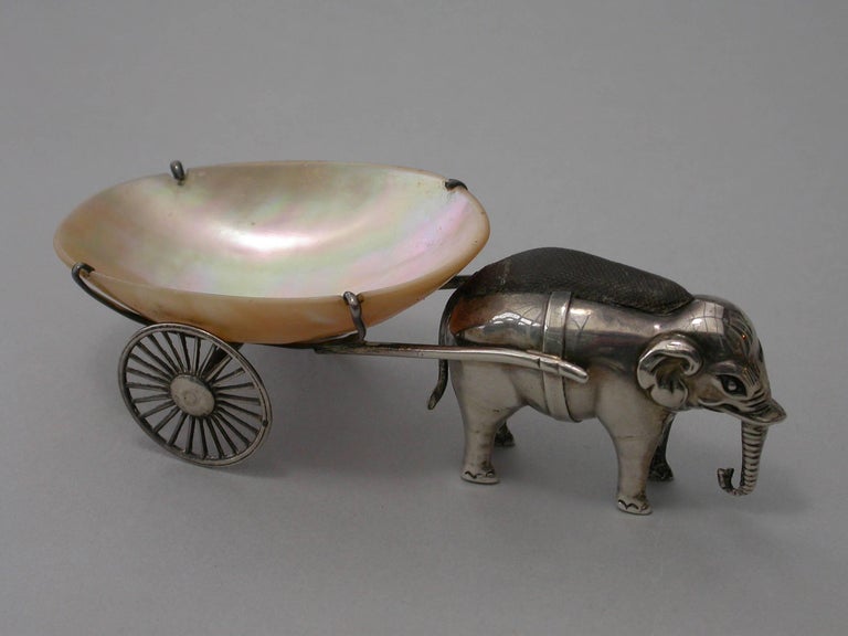 Edwardian Novelty Silver Elephant Pulling a Cart Pin Cushion Adie & Lovekin 1910 In Good Condition For Sale In Sittingbourne, Kent