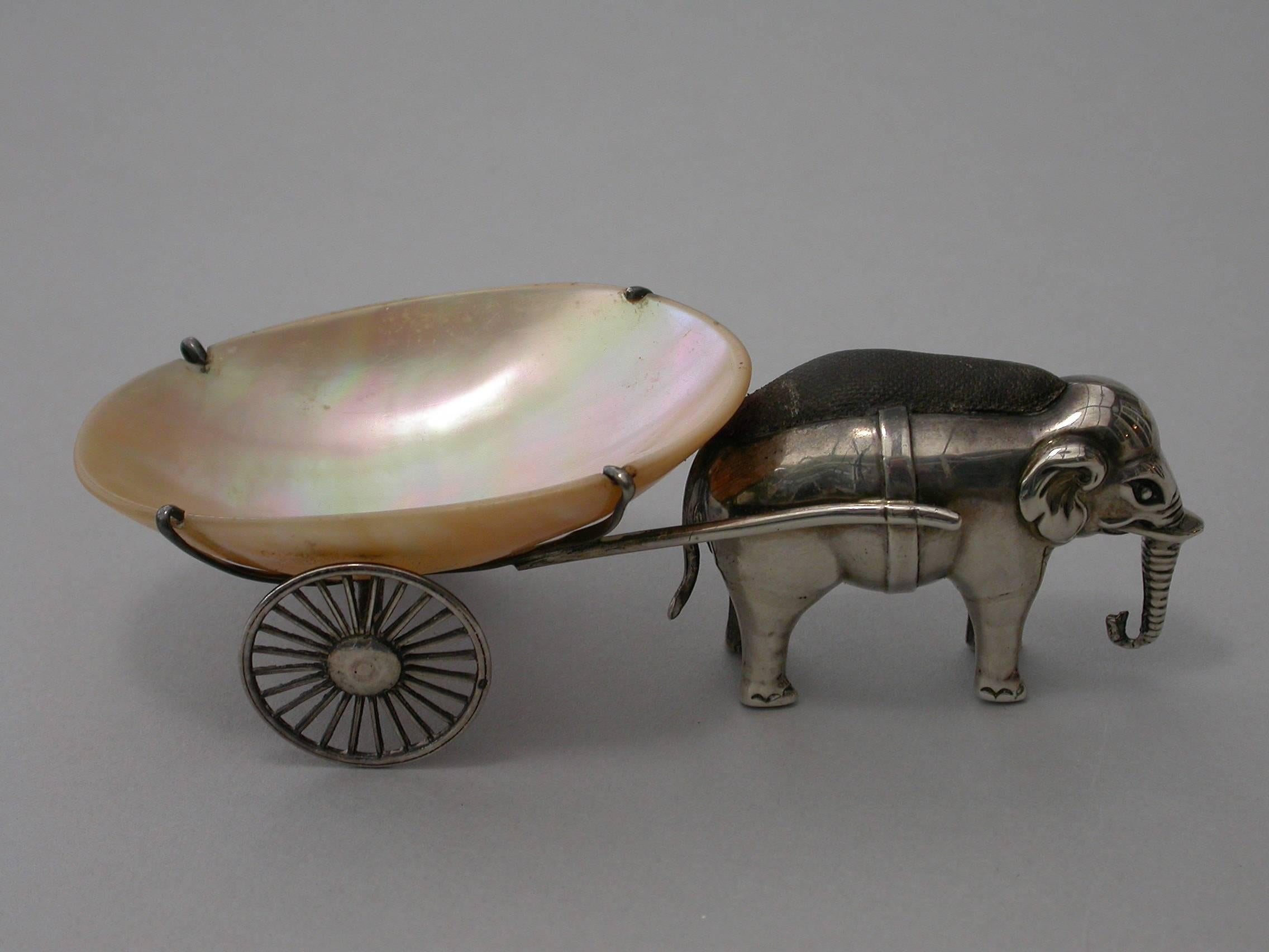 Early 20th Century Edwardian Novelty Silver Elephant Pulling a Cart Pin Cushion Adie & Lovekin 1910 For Sale