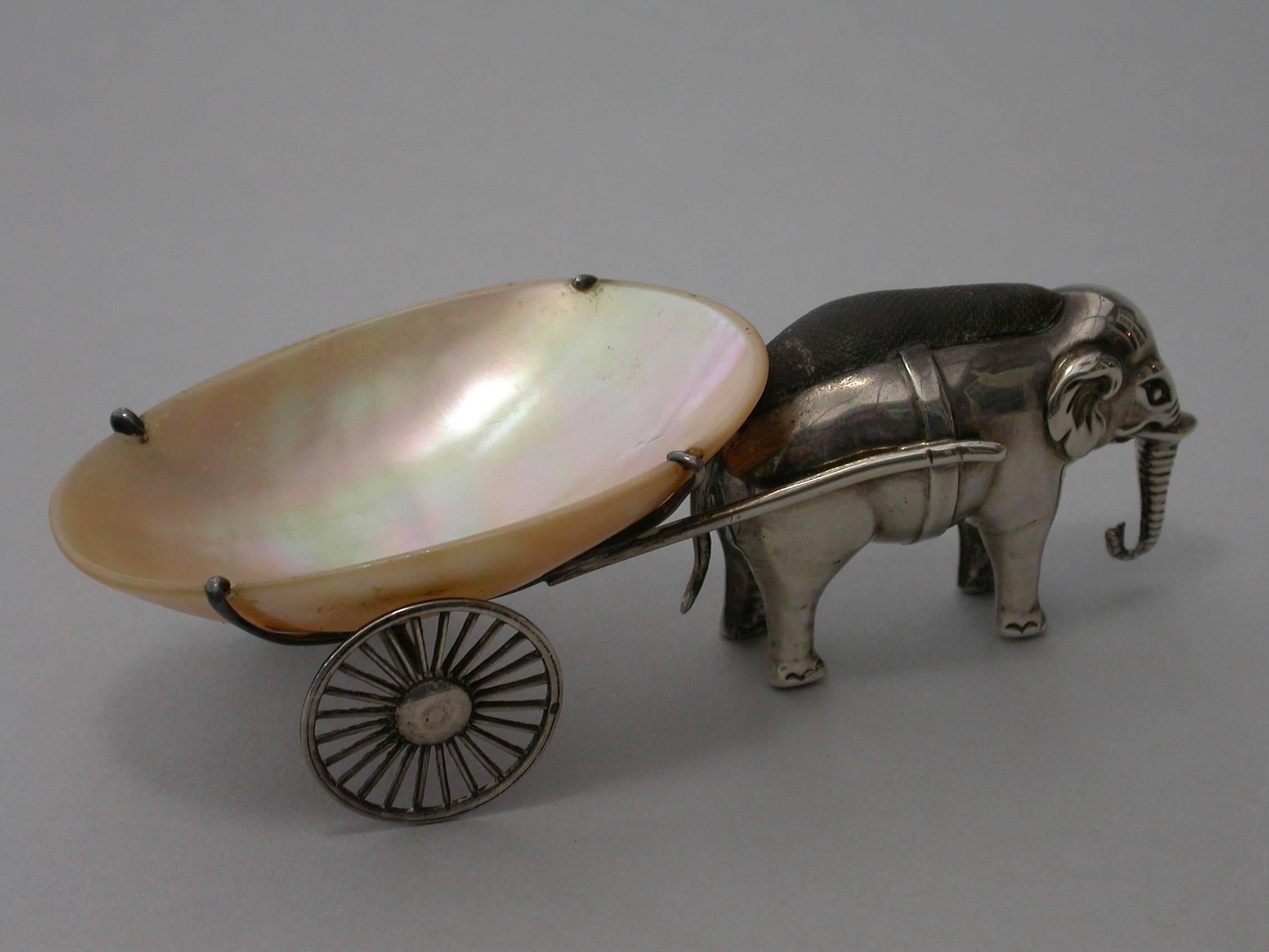 Edwardian Novelty Silver Elephant Pulling a Cart Pin Cushion Adie & Lovekin 1910 For Sale 1