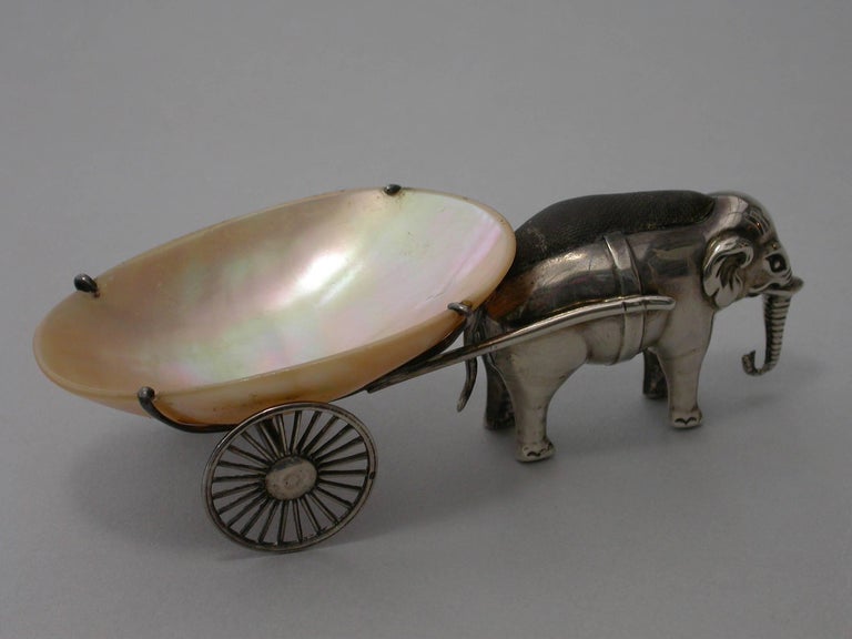 Edwardian Novelty Silver Elephant Pulling a Cart Pin Cushion Adie & Lovekin 1910 For Sale 1
