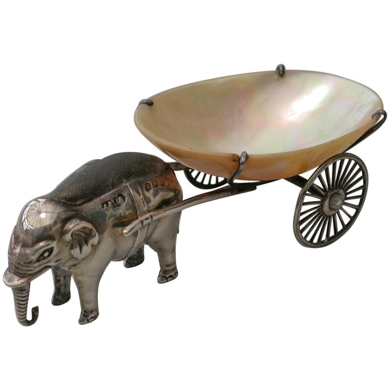 Edwardian Novelty Silver Elephant Pulling a Cart Pin Cushion Adie & Lovekin 1910 For Sale