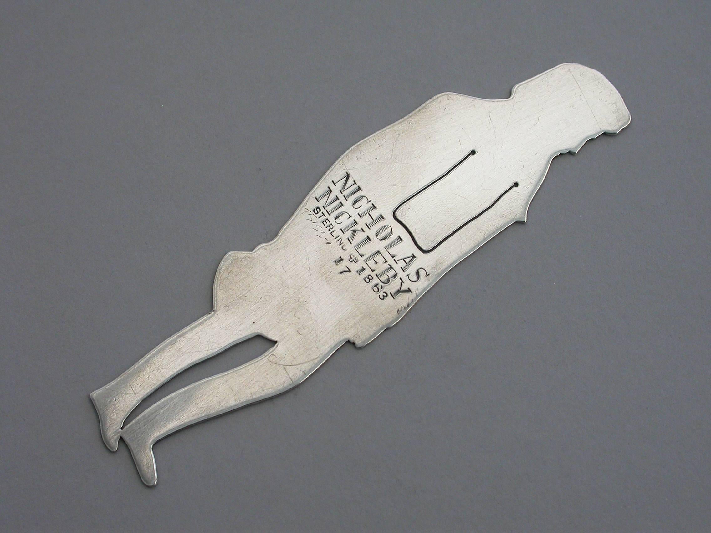 20th Century Edwardian Novelty Silver Figural Bookmark Charles Dickens 'Nicholas Nickleby' For Sale
