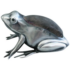 Antique Edwardian Novelty Silver Frog Pin Cushion, Adie & Lovekin, Birmingham, 1908