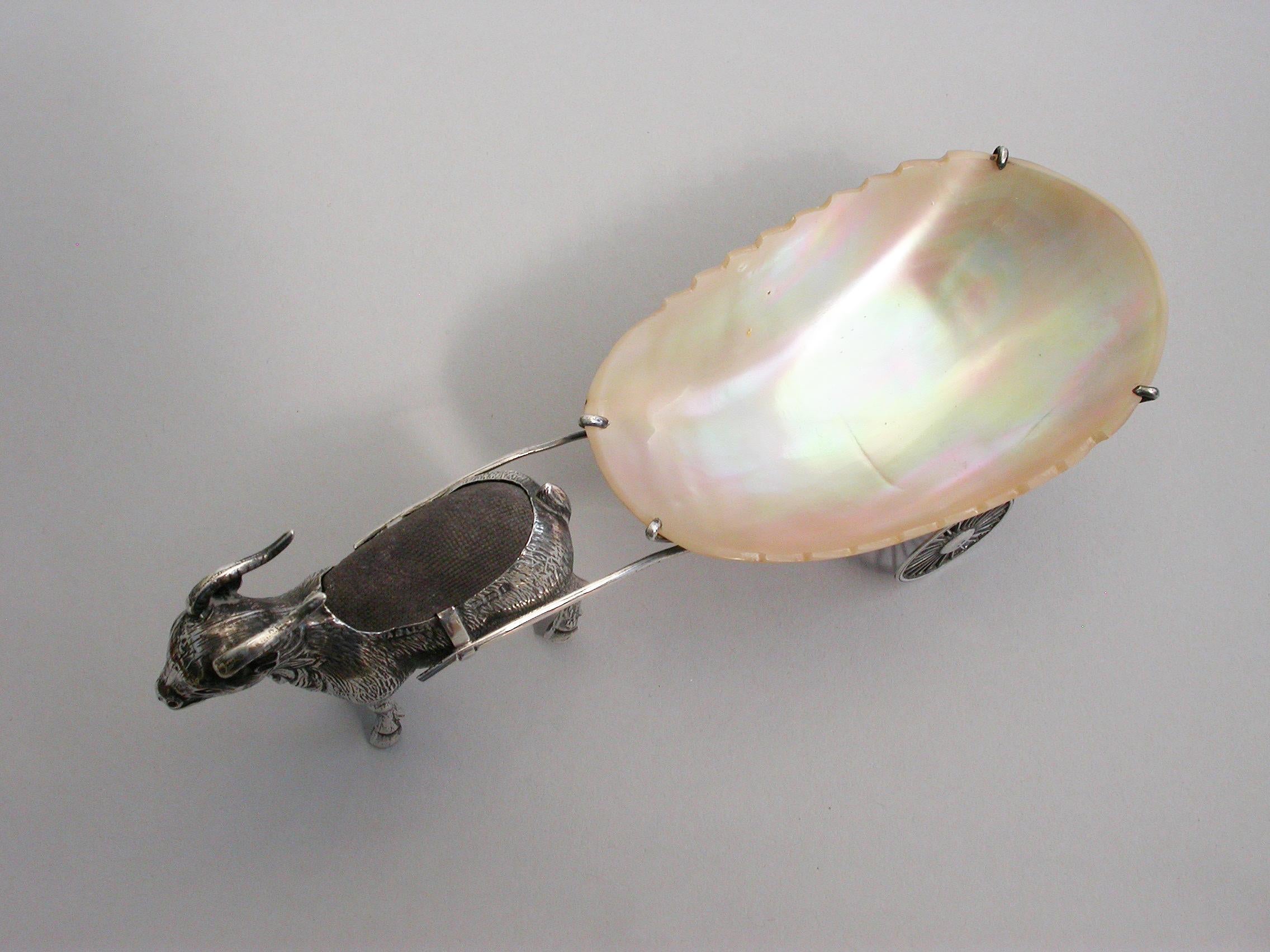 English Edwardian Novelty Silver Goat Pulling a Cart Pin Cushion by Adie & Lovekin, 1908 For Sale