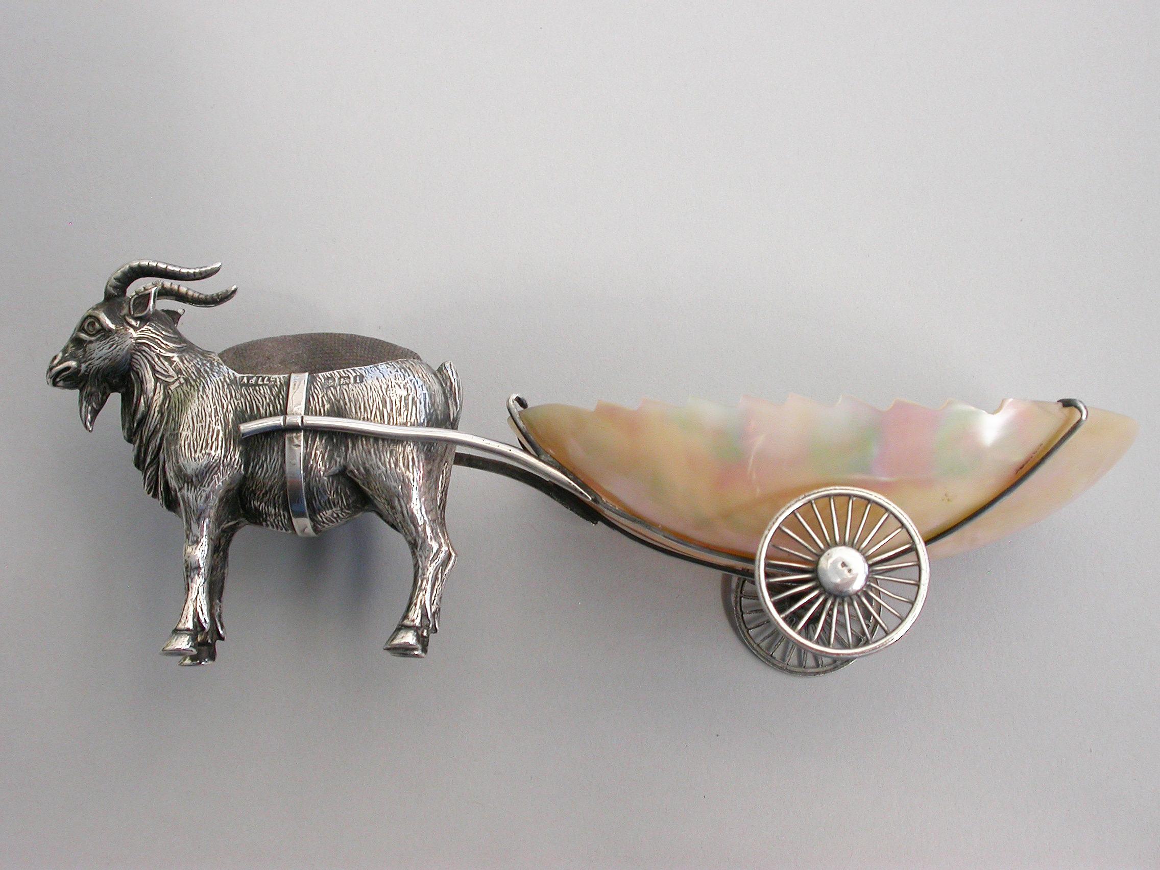Early 20th Century Edwardian Novelty Silver Goat Pulling a Cart Pin Cushion by Adie & Lovekin, 1908 For Sale