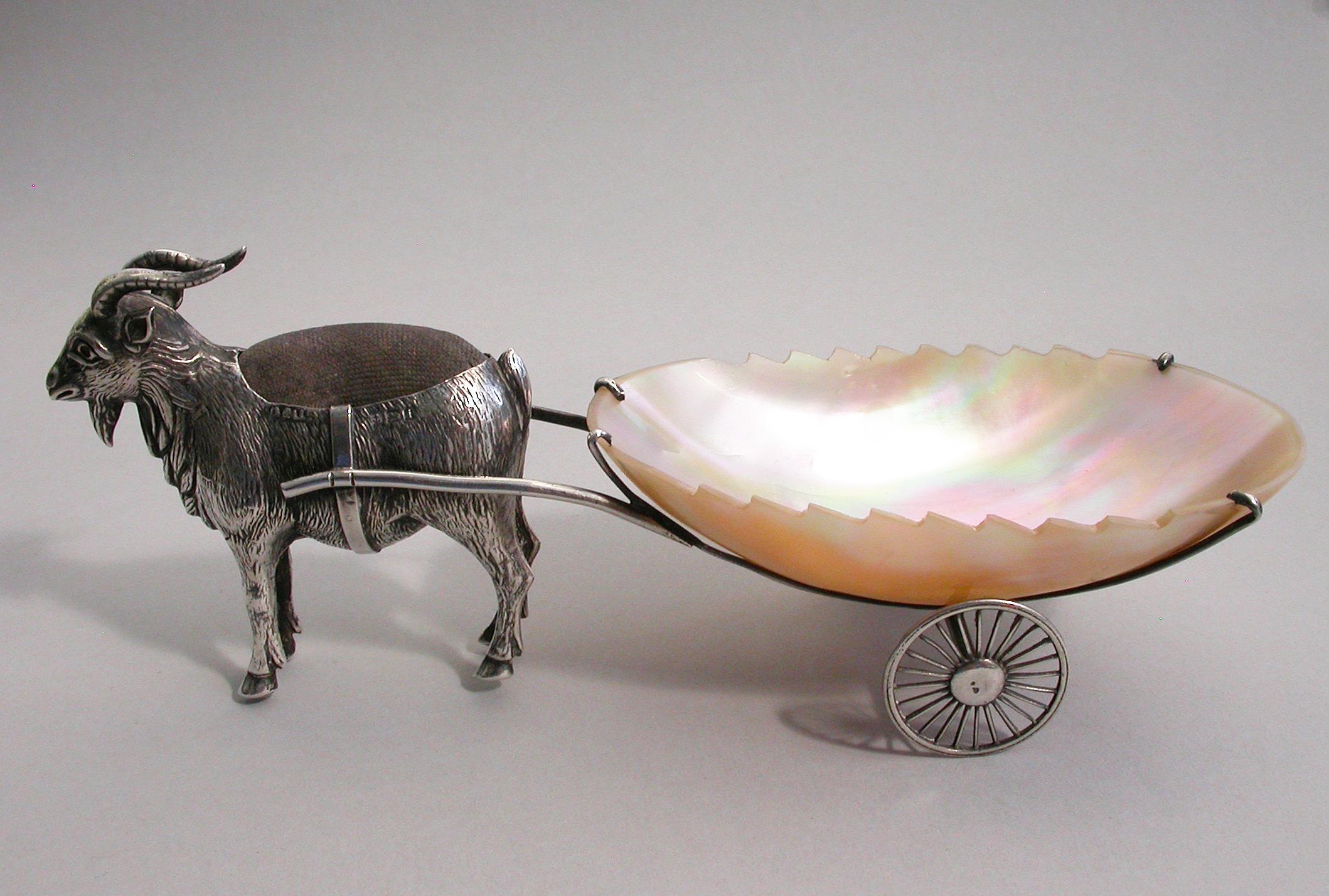 Edwardian Novelty Silver Goat Pulling a Cart Pin Cushion by Adie & Lovekin, 1908 For Sale 4
