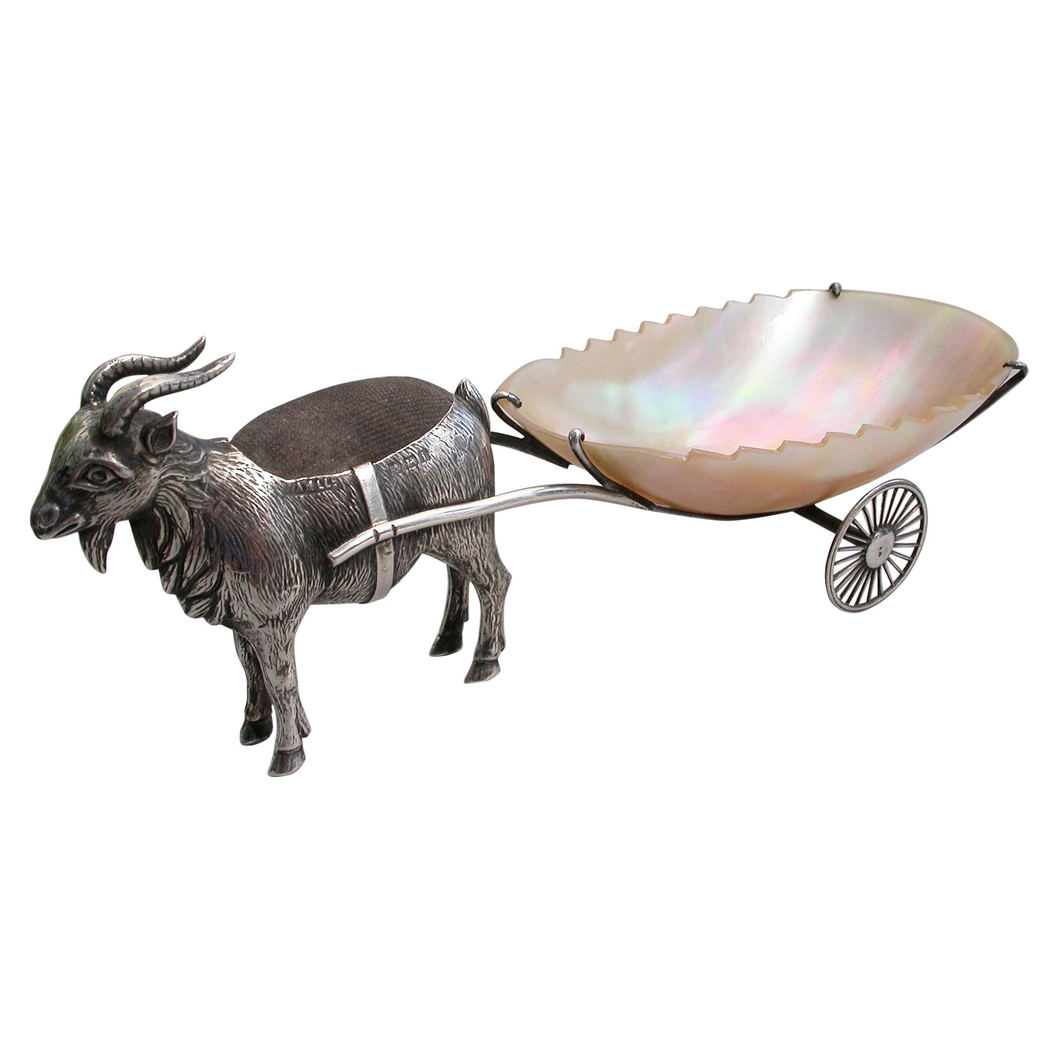 Edwardian Novelty Silver Goat Pulling a Cart Pin Cushion by Adie & Lovekin, 1908 For Sale