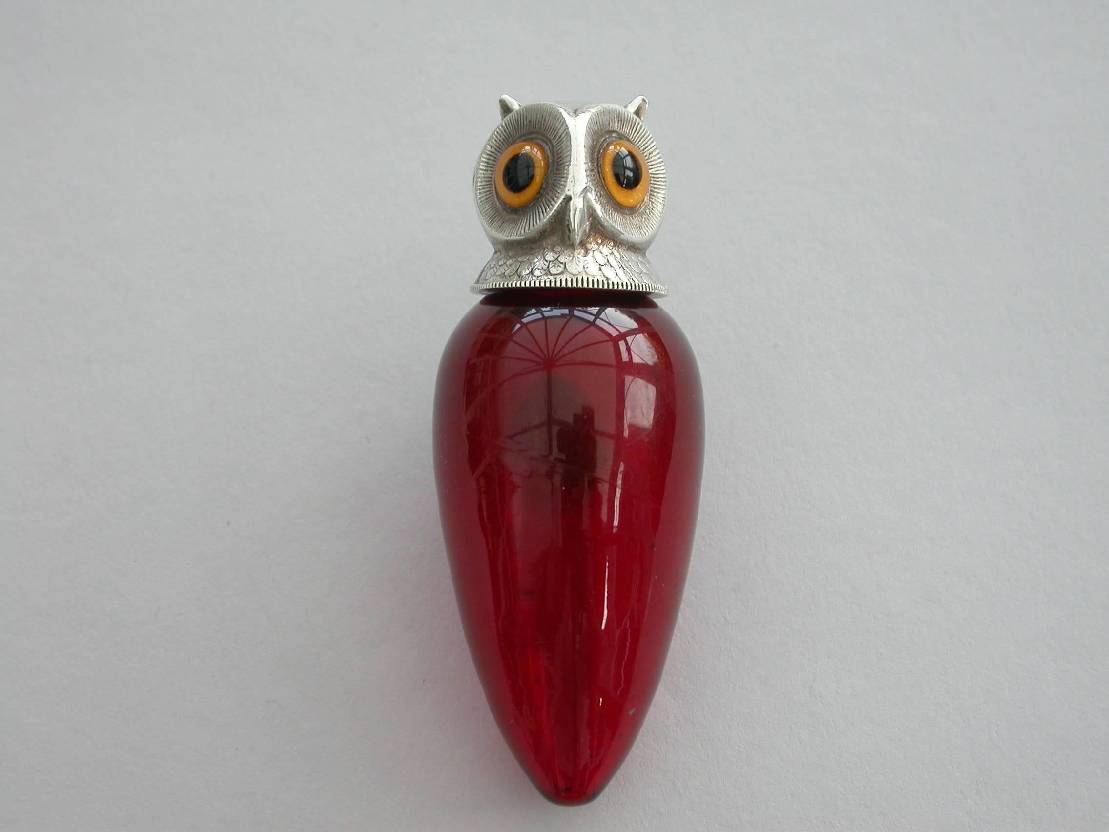English Edwardian Novelty Silver Mounted Red Glass Owls Head Scent Bottle S Mordan, 1904