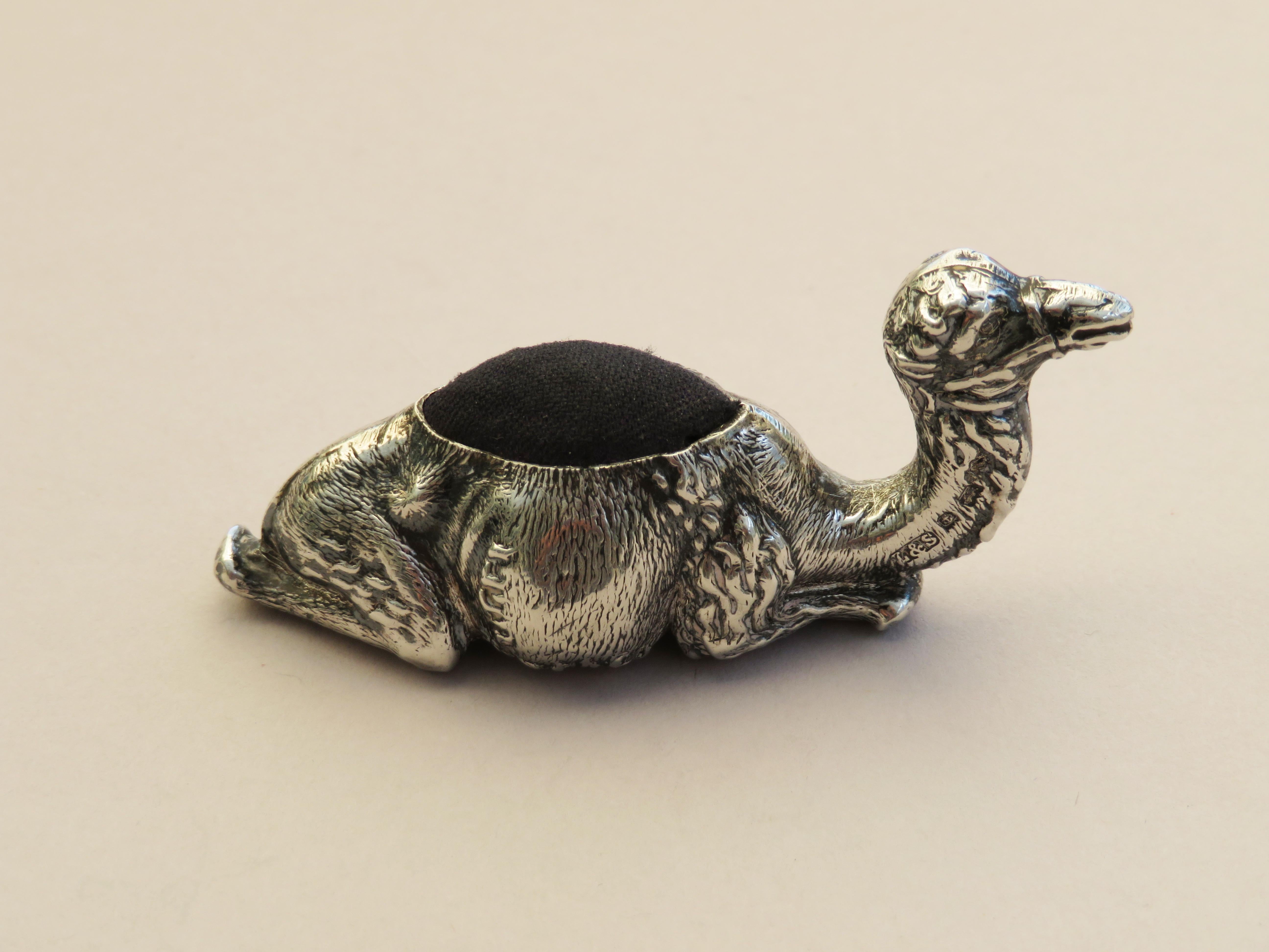Edwardian Novelty Silver Recumbent Camel Pin Cushion, Small Size, 1903 6