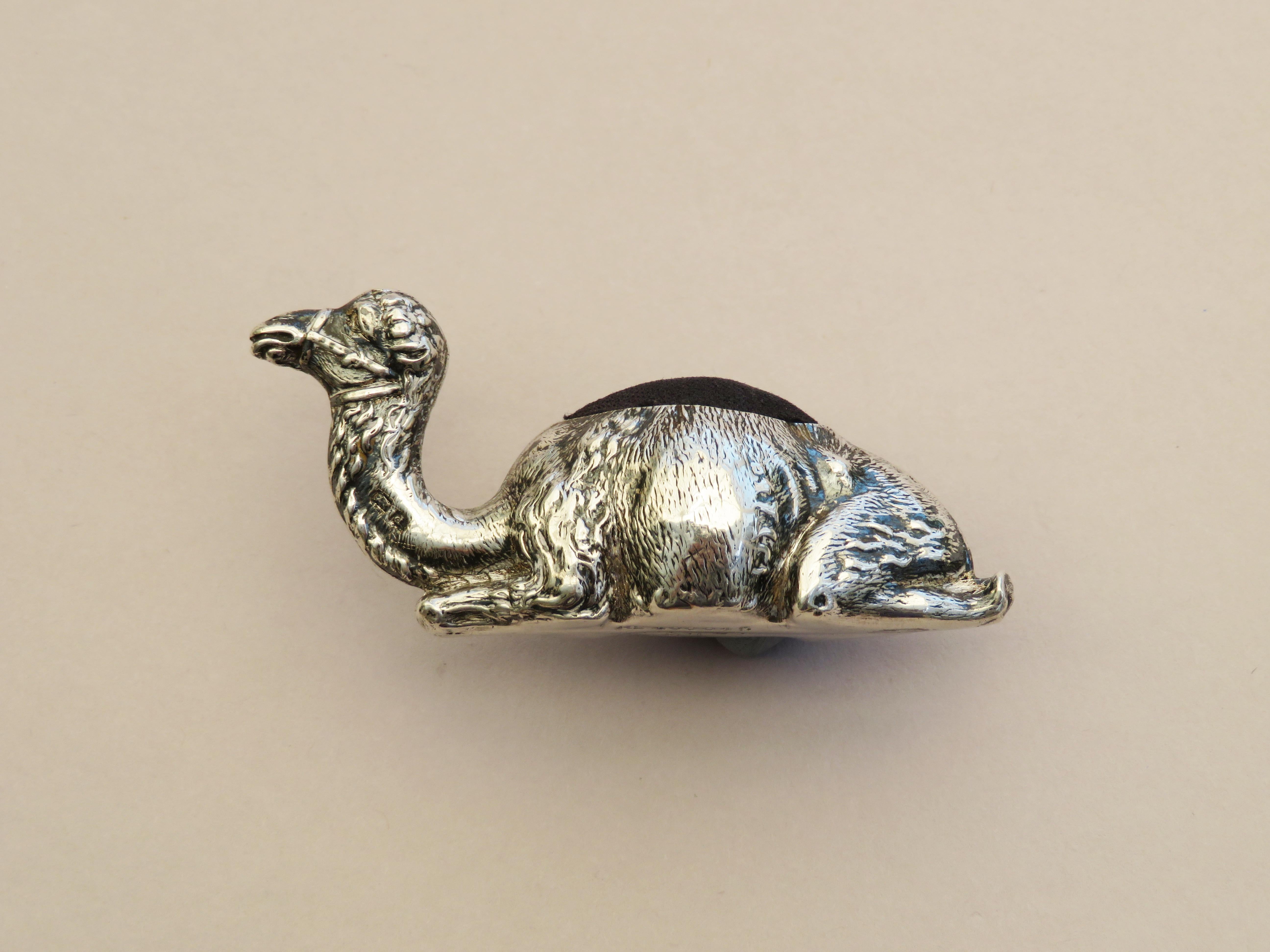 English Edwardian Novelty Silver Recumbent Camel Pin Cushion, Small Size, 1903