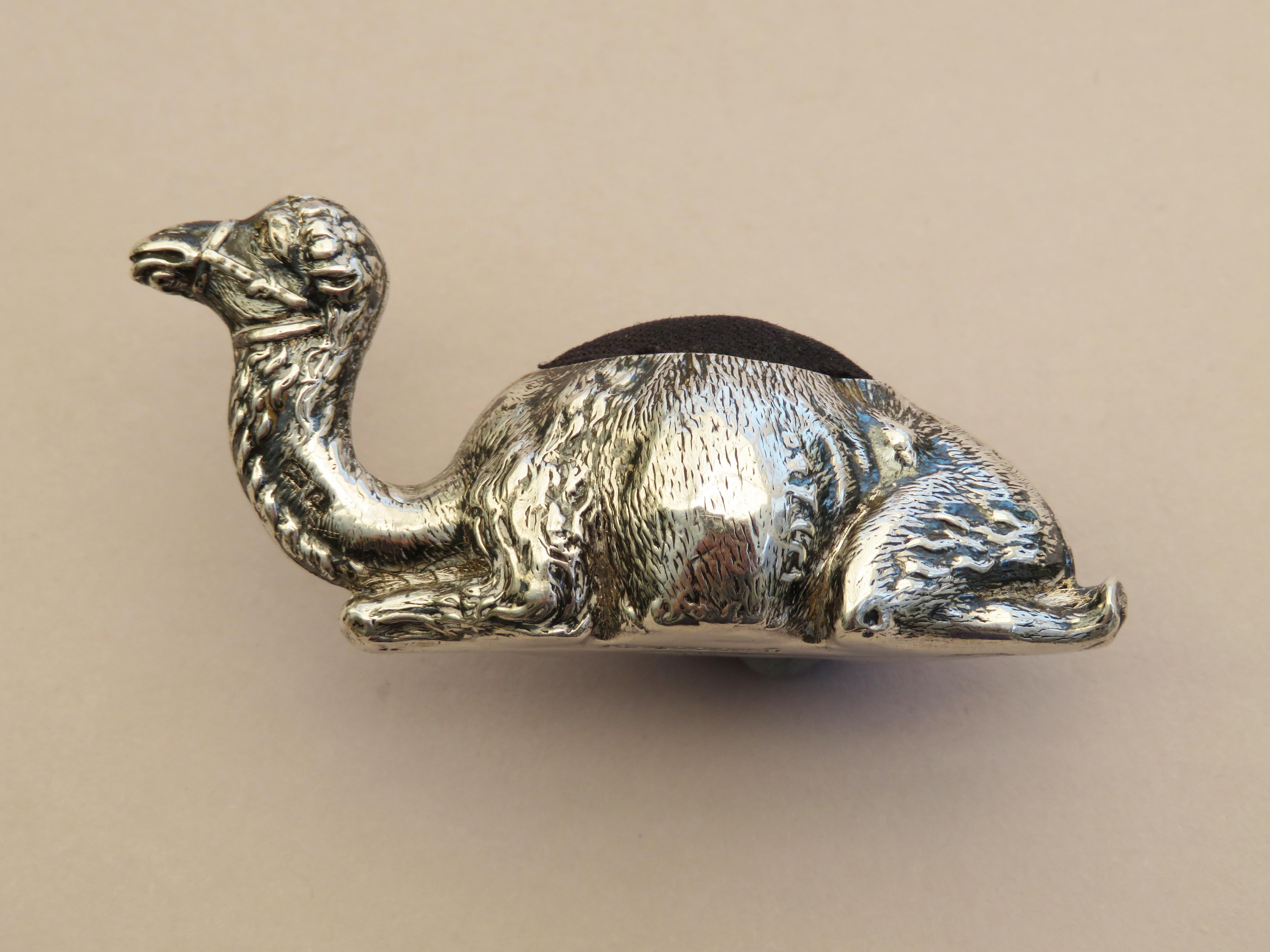 Edwardian Novelty Silver Recumbent Camel Pin Cushion, Small Size, 1903 In Good Condition In Sittingbourne, Kent