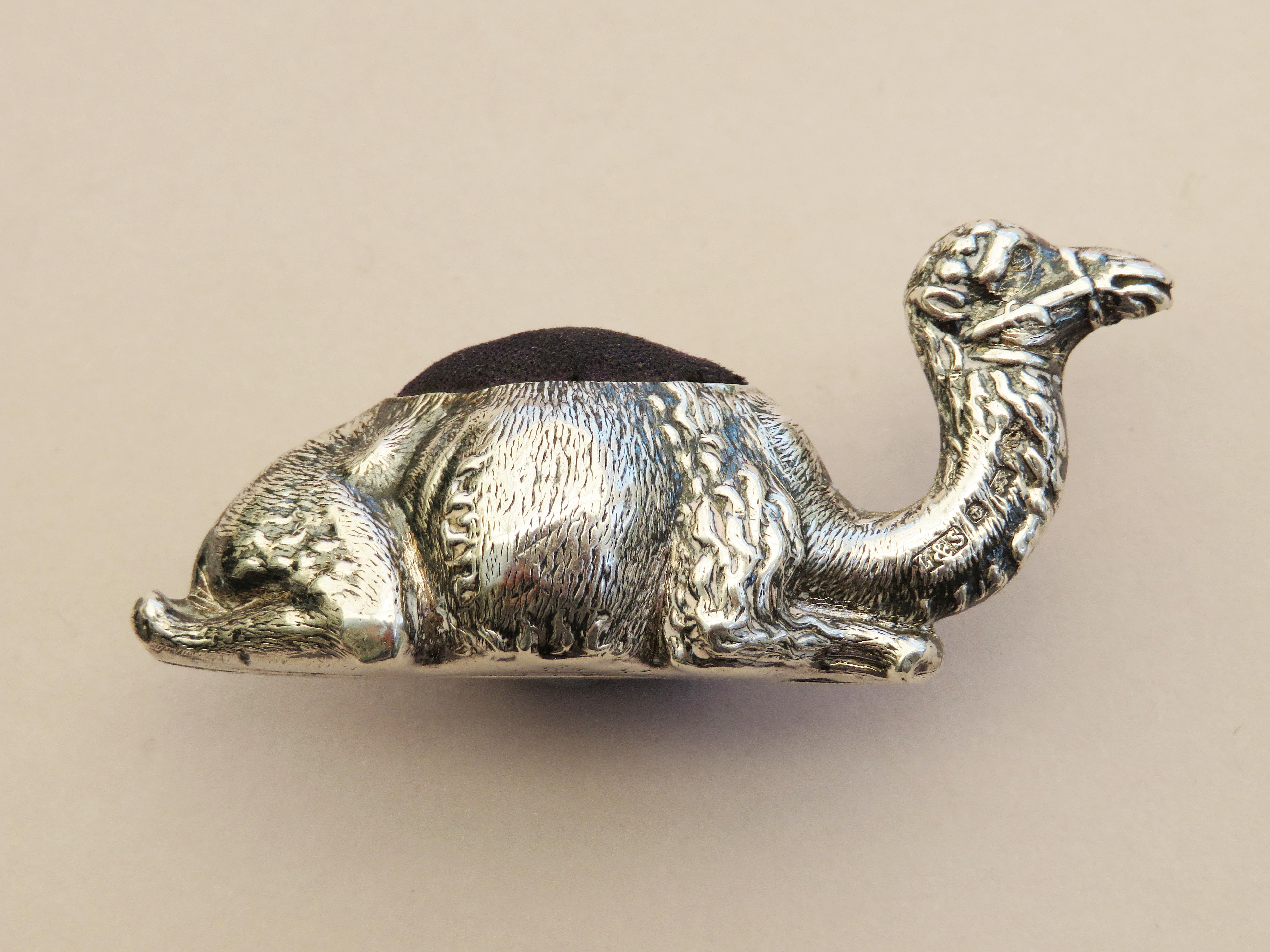Early 20th Century Edwardian Novelty Silver Recumbent Camel Pin Cushion, Small Size, 1903