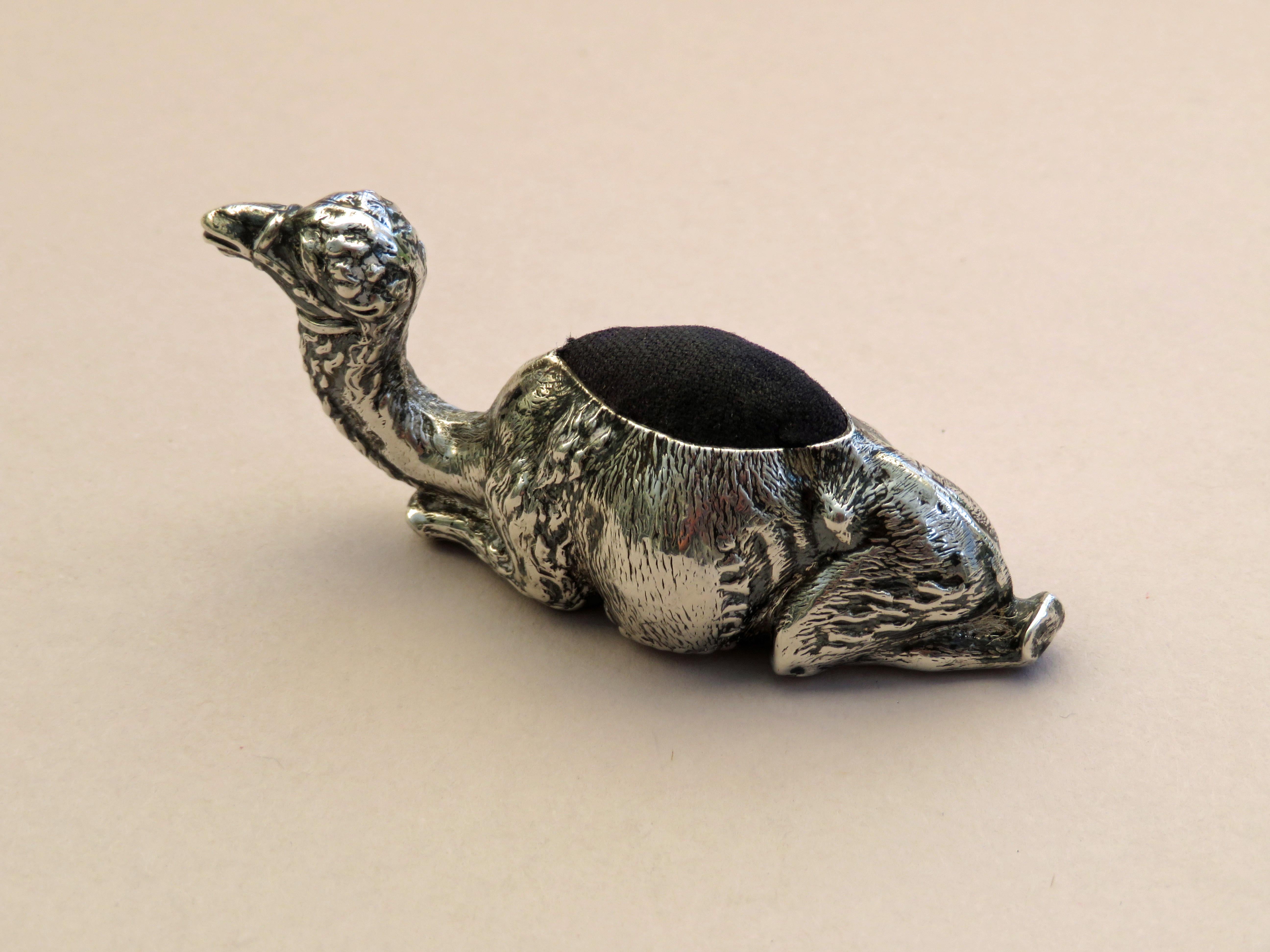 Edwardian Novelty Silver Recumbent Camel Pin Cushion, Small Size, 1903 4