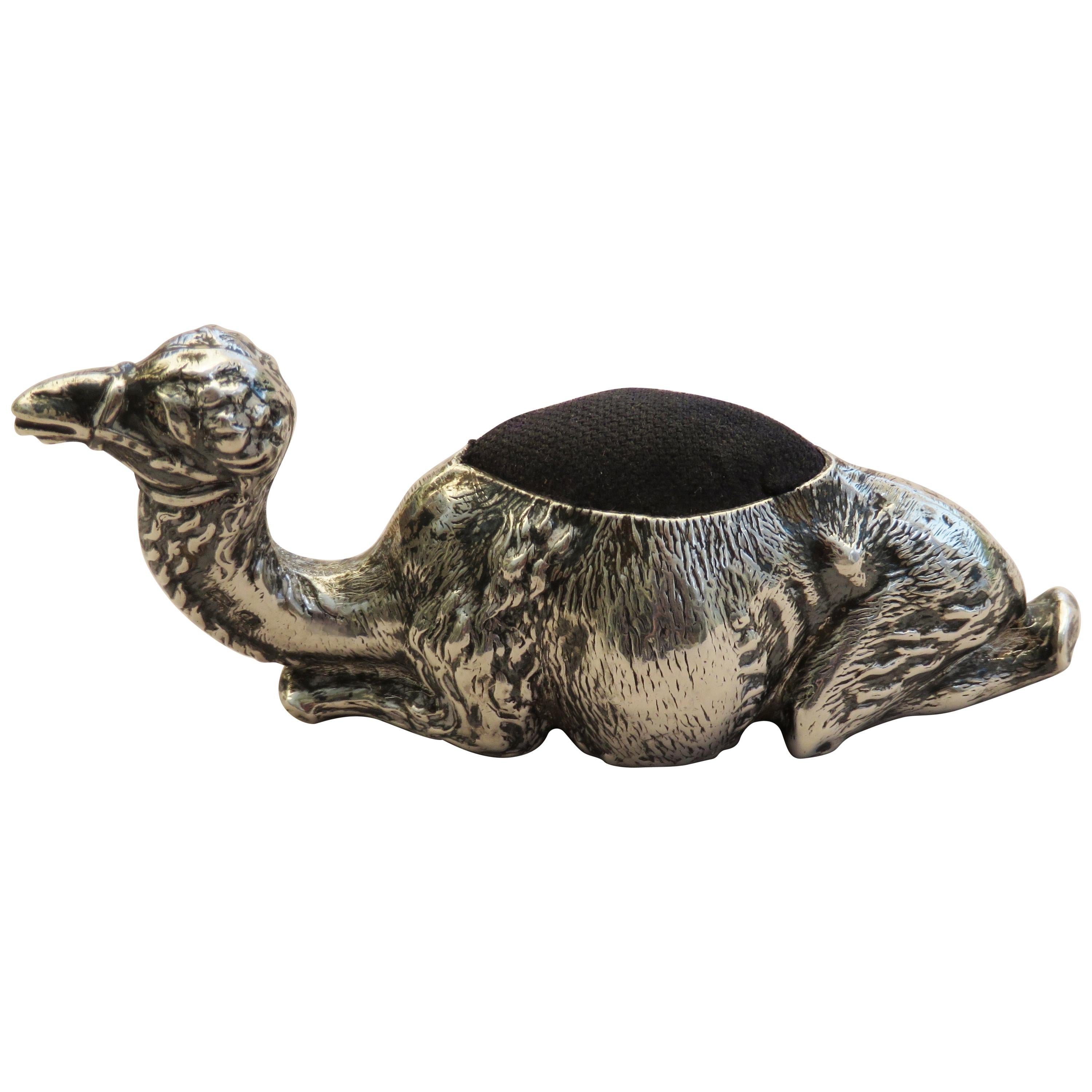 Edwardian Novelty Silver Recumbent Camel Pin Cushion, Small Size, 1903