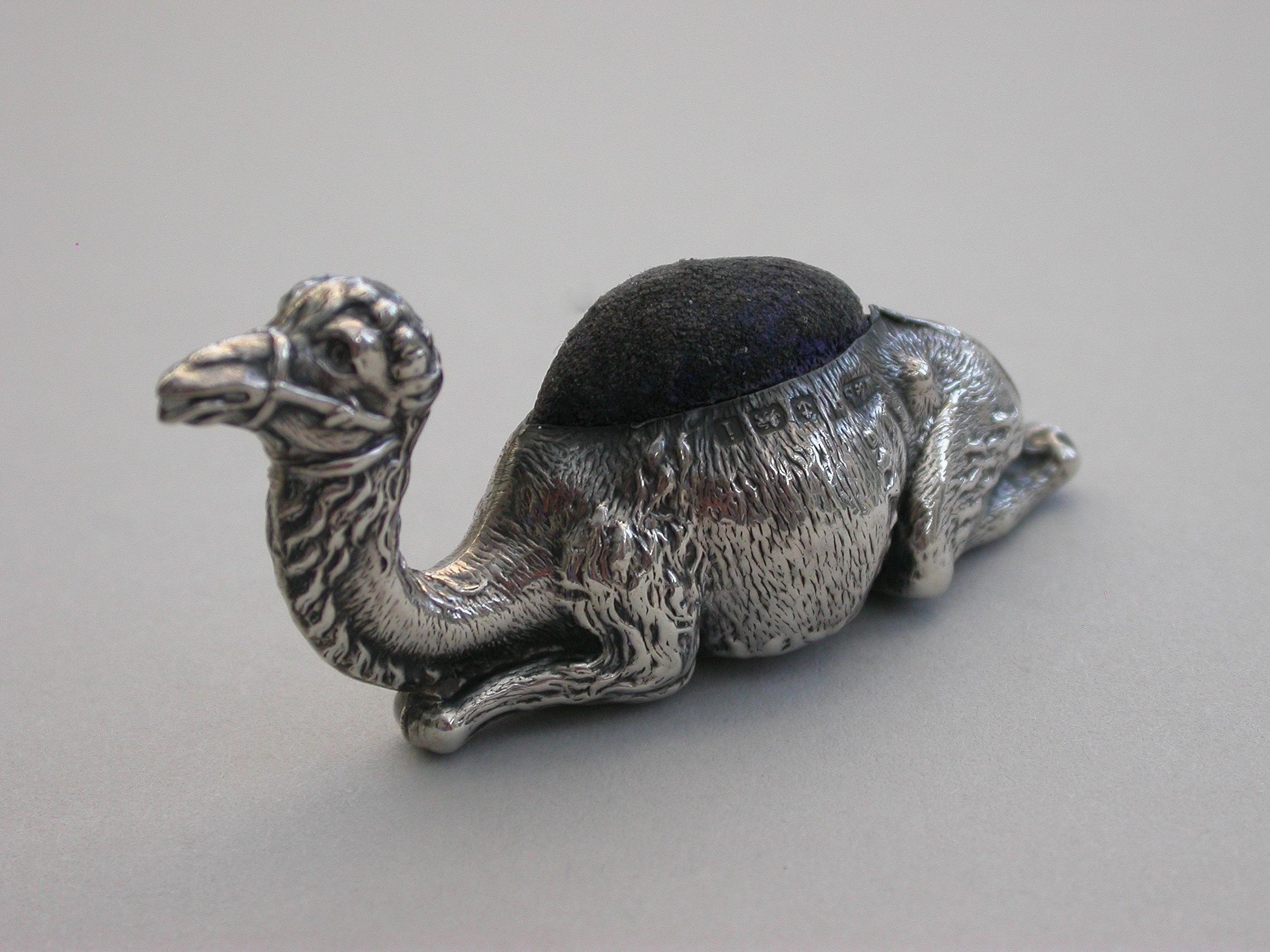 English Edwardian Novelty Silver Recumbent Camel Pin Cushion - Small Size 1908 For Sale