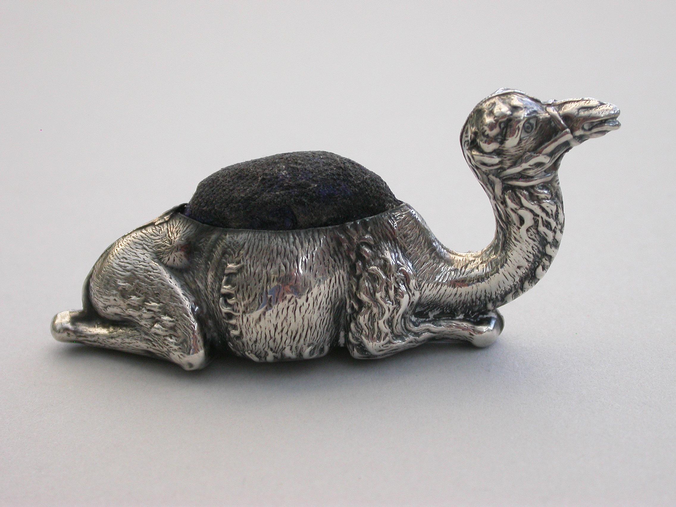 Edwardian Novelty Silver Recumbent Camel Pin Cushion - Small Size 1908 In Good Condition For Sale In Sittingbourne, Kent