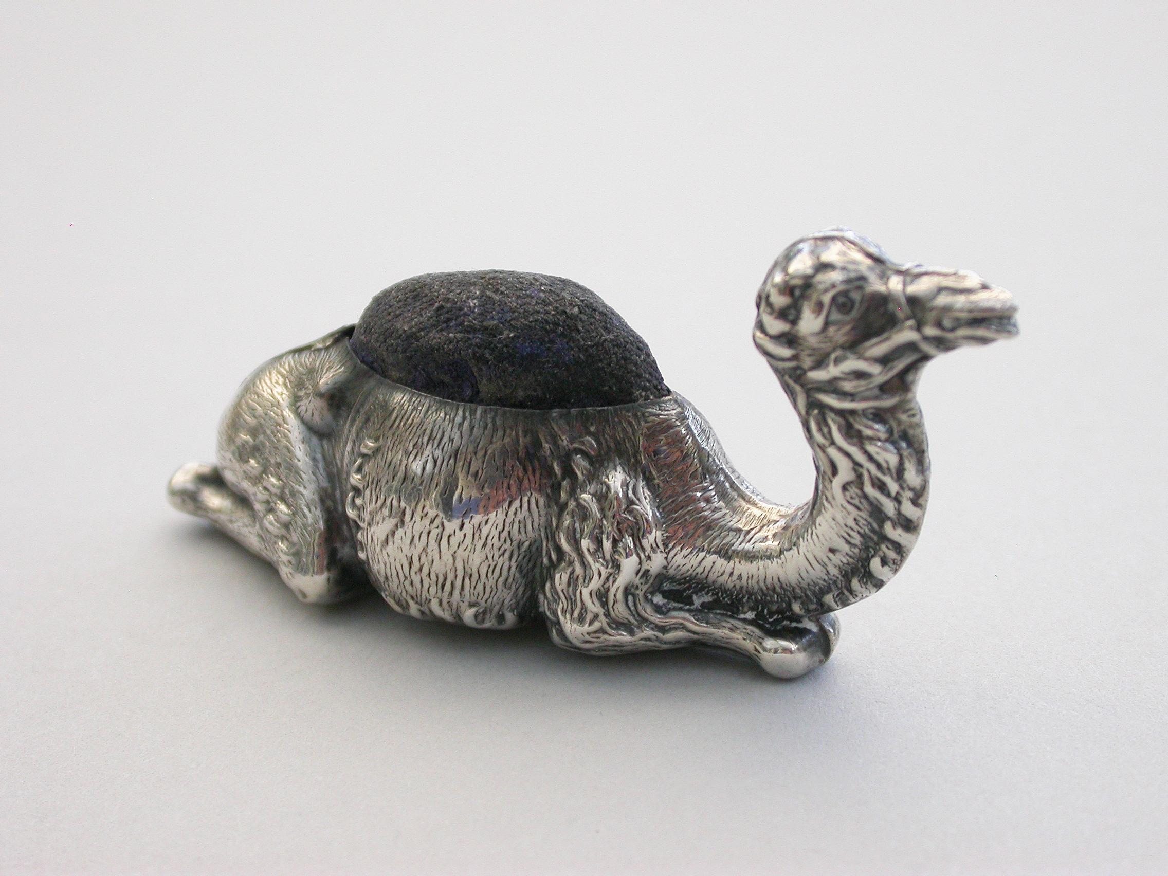 Early 20th Century Edwardian Novelty Silver Recumbent Camel Pin Cushion - Small Size 1908 For Sale