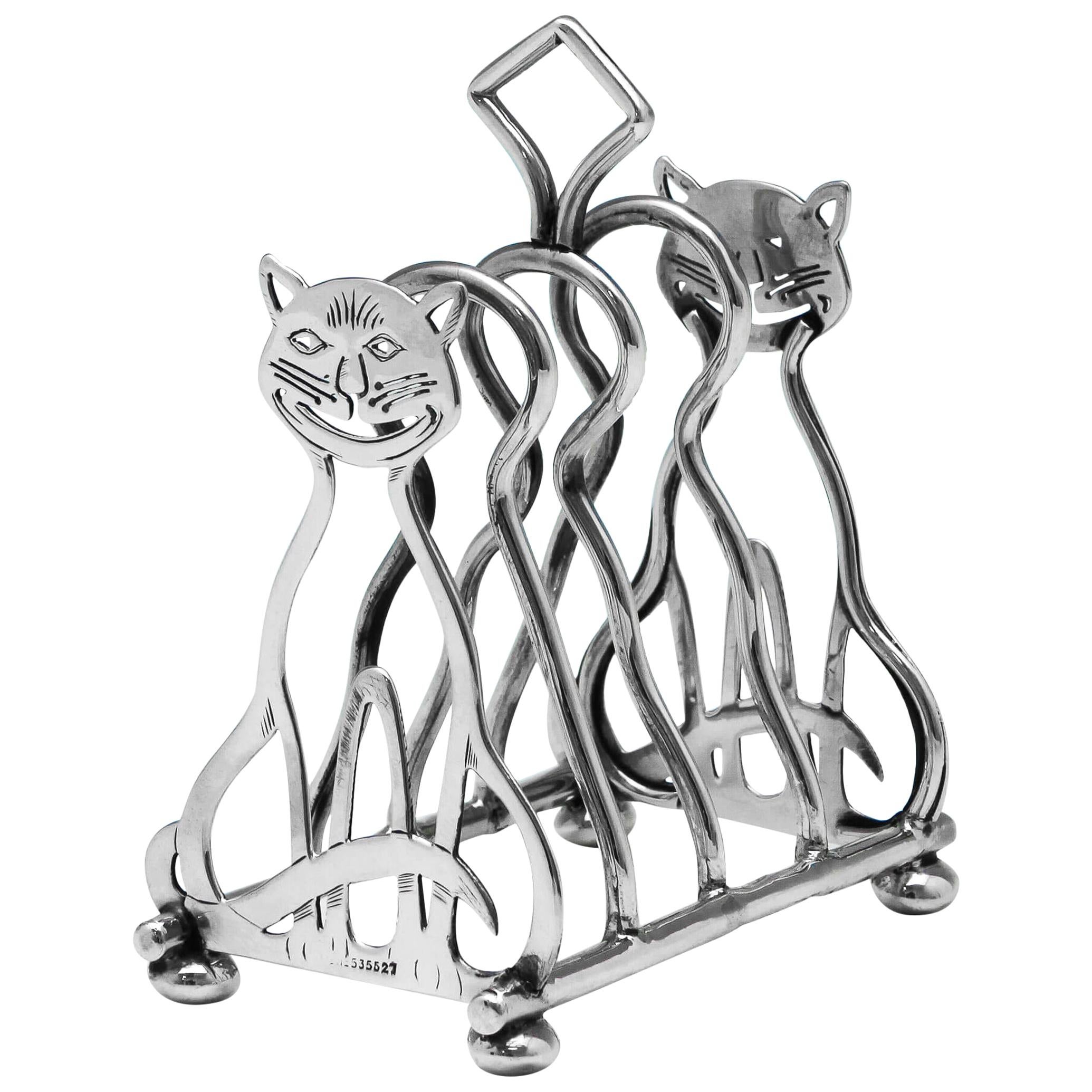 Edwardian Novelty Sterling Silver Cat Toast Rack by Levi & Salaman in 1910