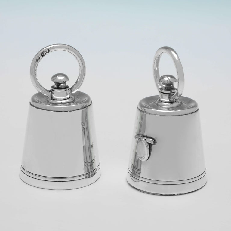 Hallmarked in London in 1903 by Joseph Braham, this charming set of 4, Antique Sterling Silver Pepper Grinders, are modelled as weights with ring handles, and feature Peugeot mechanisms. 

Each pepper grinder measures 3.25