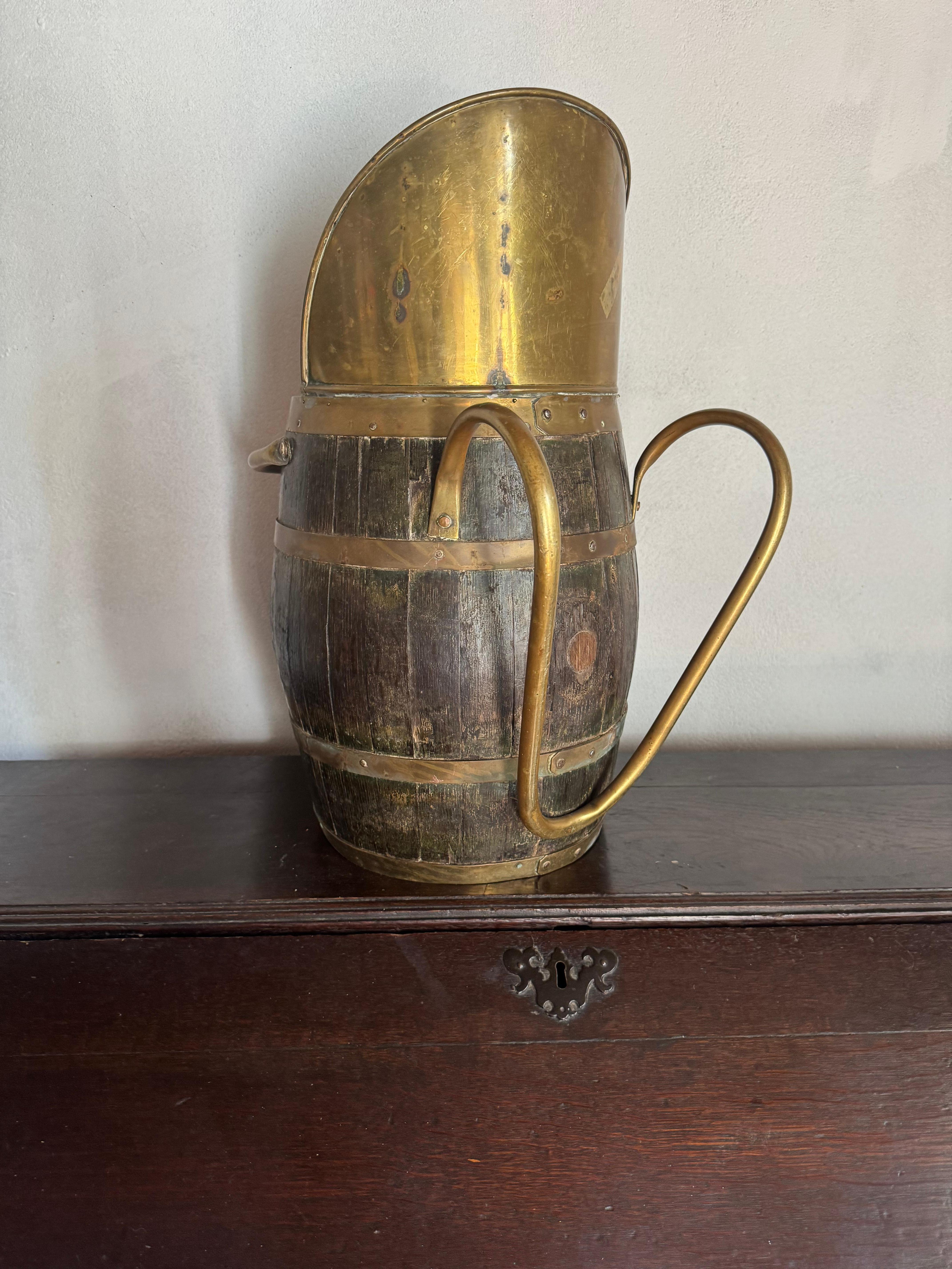 20th Century Edwardian oak and brass fireside brass bound bucket wood/coal carrier For Sale