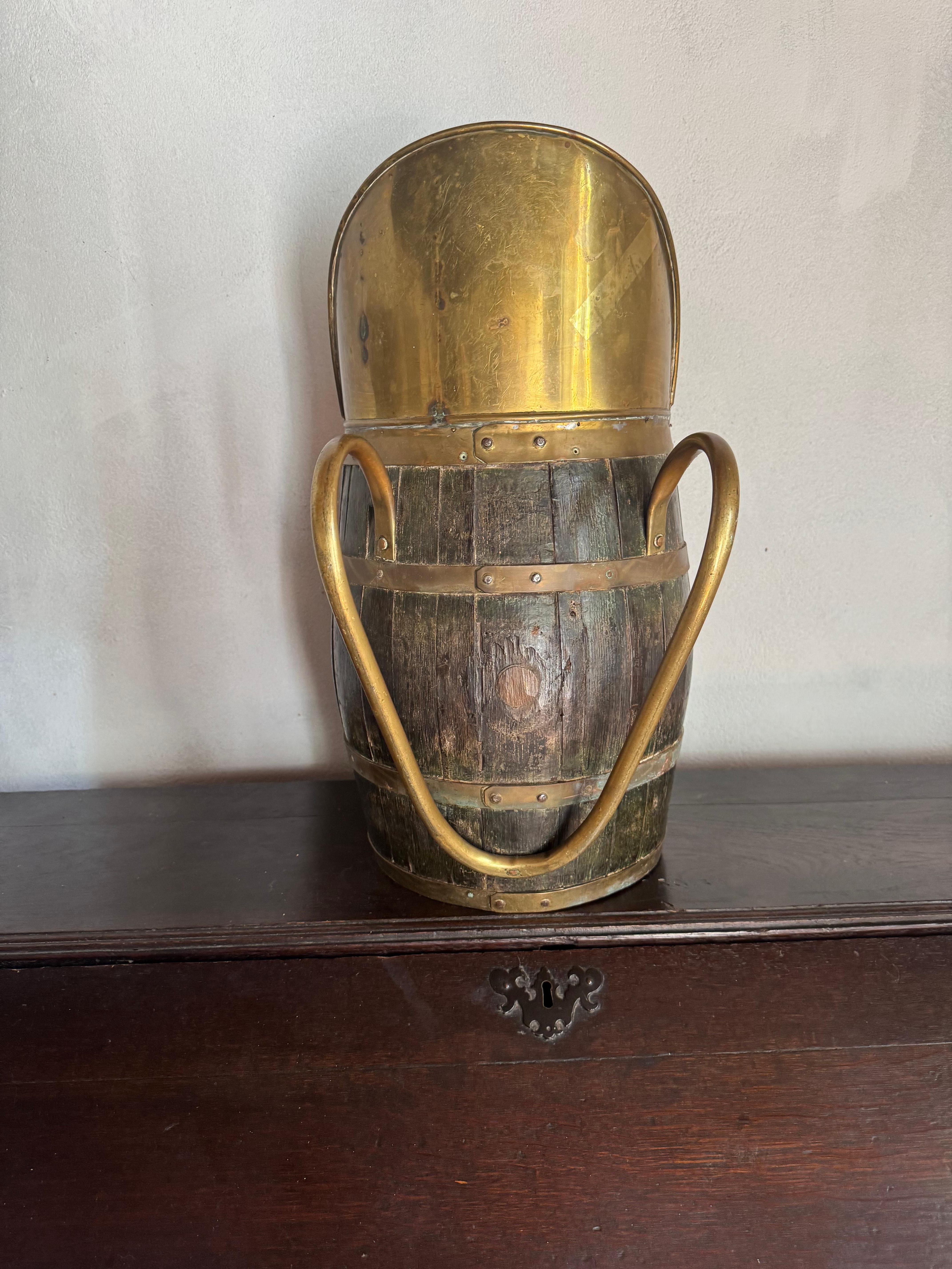 Brass Edwardian oak and brass fireside brass bound bucket wood/coal carrier For Sale