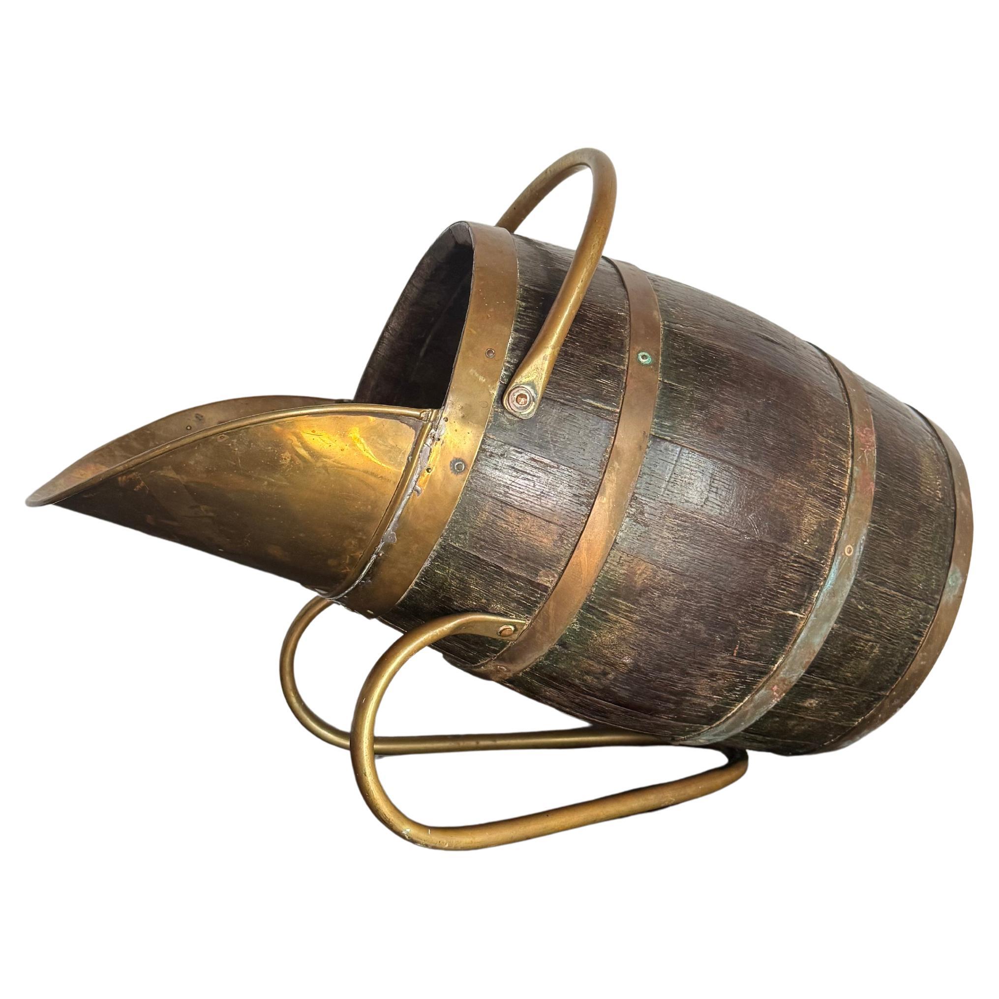 Edwardian oak and brass fireside brass bound bucket wood/coal carrier For Sale