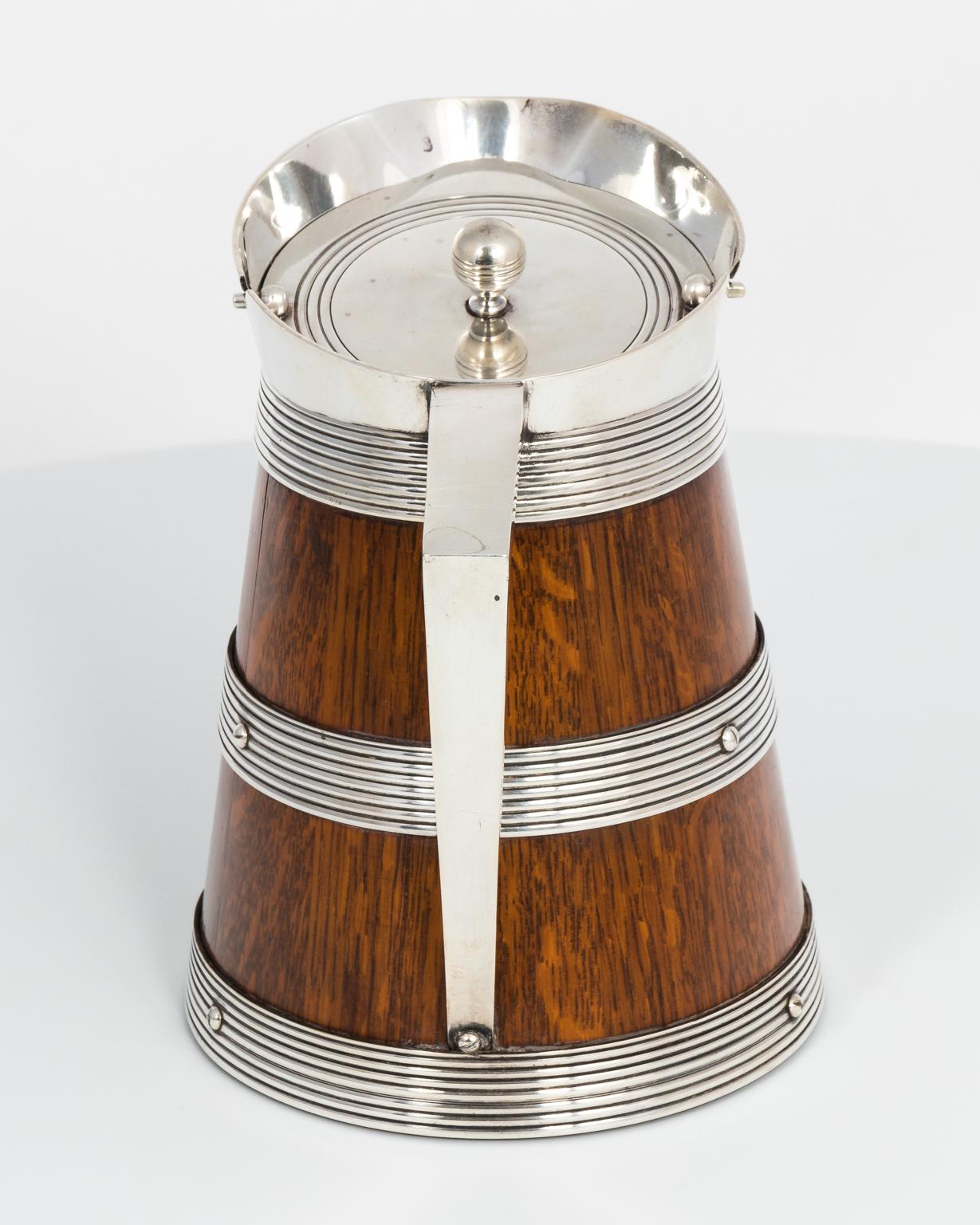 English Edwardian Oak and Silver Plate Covered Jug, circa 1890s