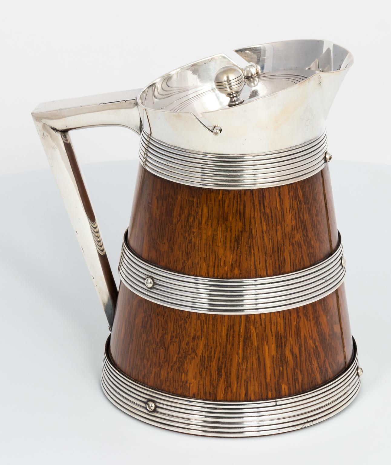 Late 19th Century Edwardian Oak and Silver Plate Covered Jug, circa 1890s