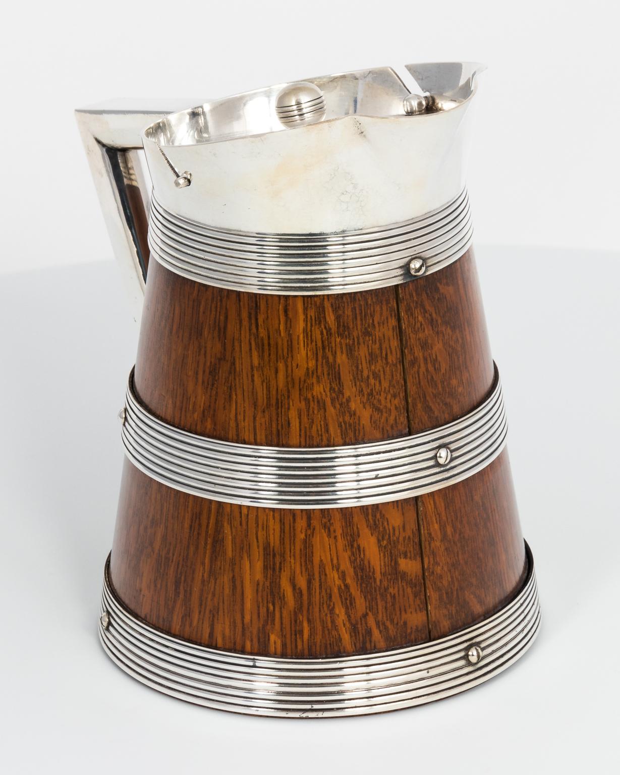 Edwardian Oak and Silver Plate Covered Jug, circa 1890s 1