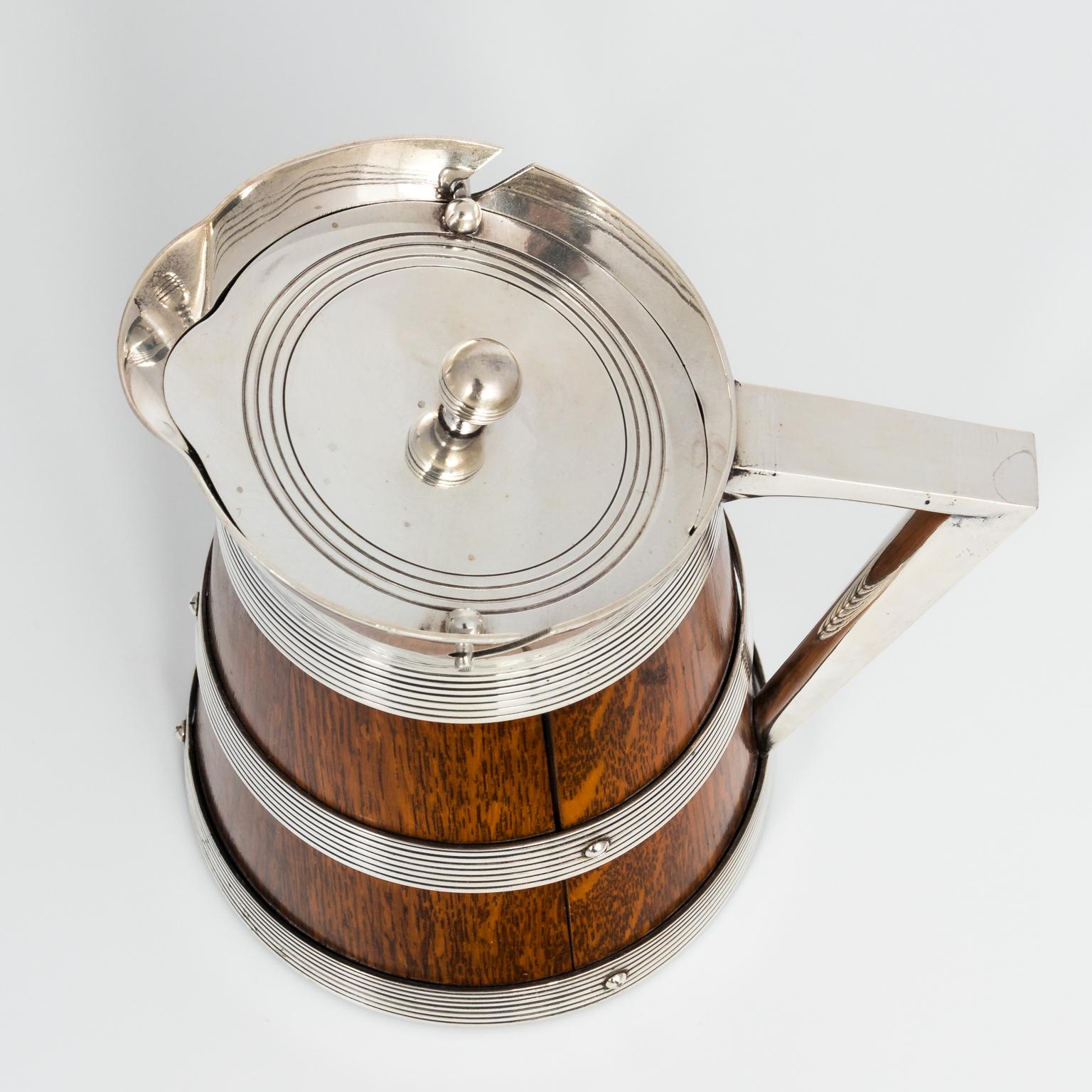 Edwardian Oak and Silver Plate Covered Jug, circa 1890s 4