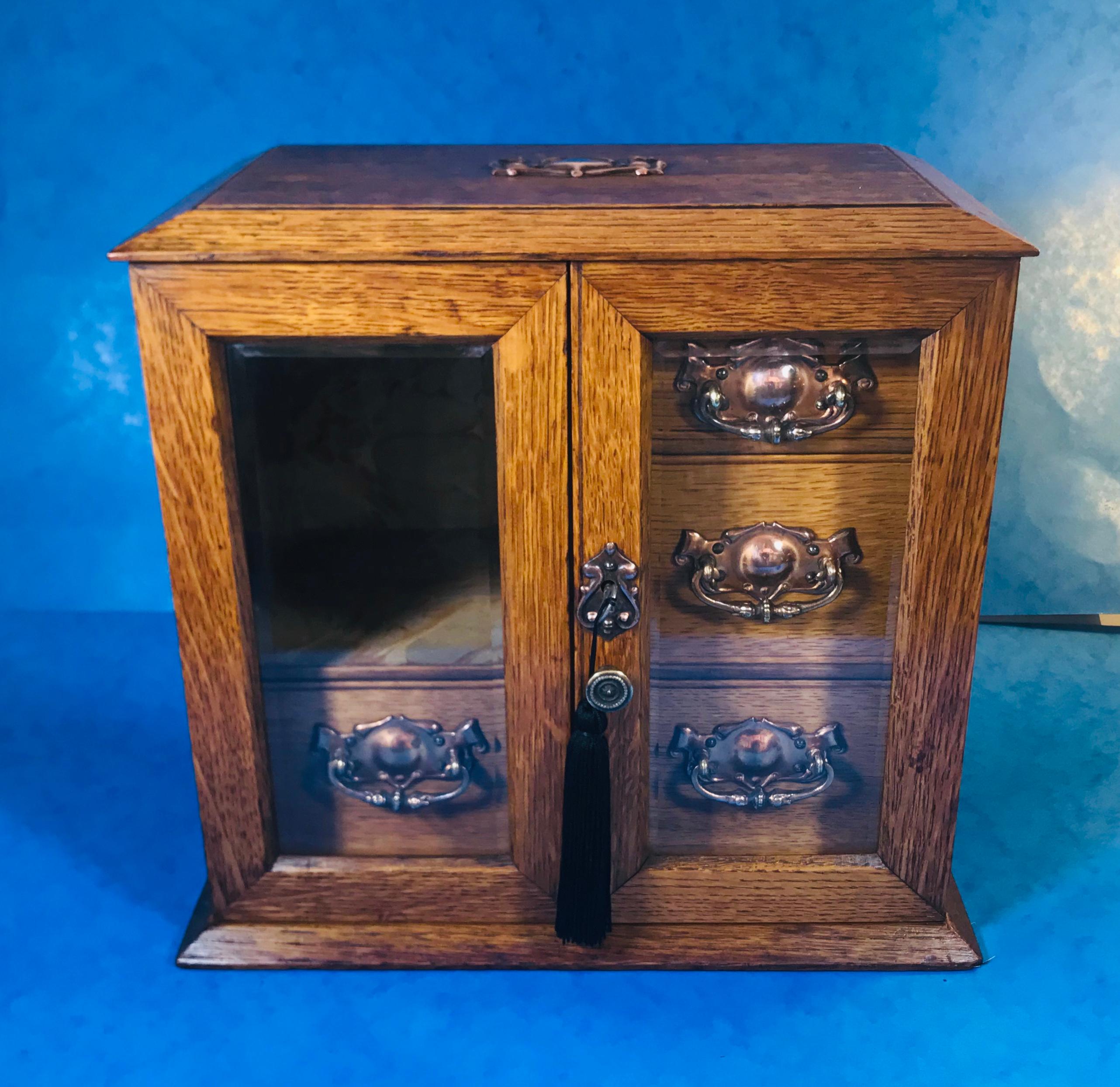 Edwardian Oak Art Nouveau Jewelry Cabinet For Sale 4