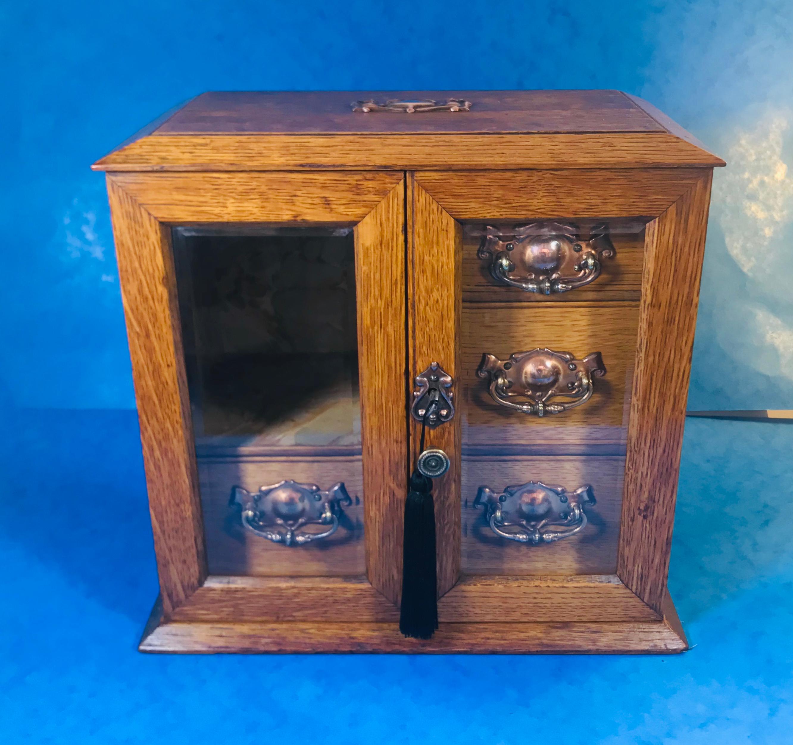 Edwardian Oak Art Nouveau Jewelry Cabinet For Sale 5