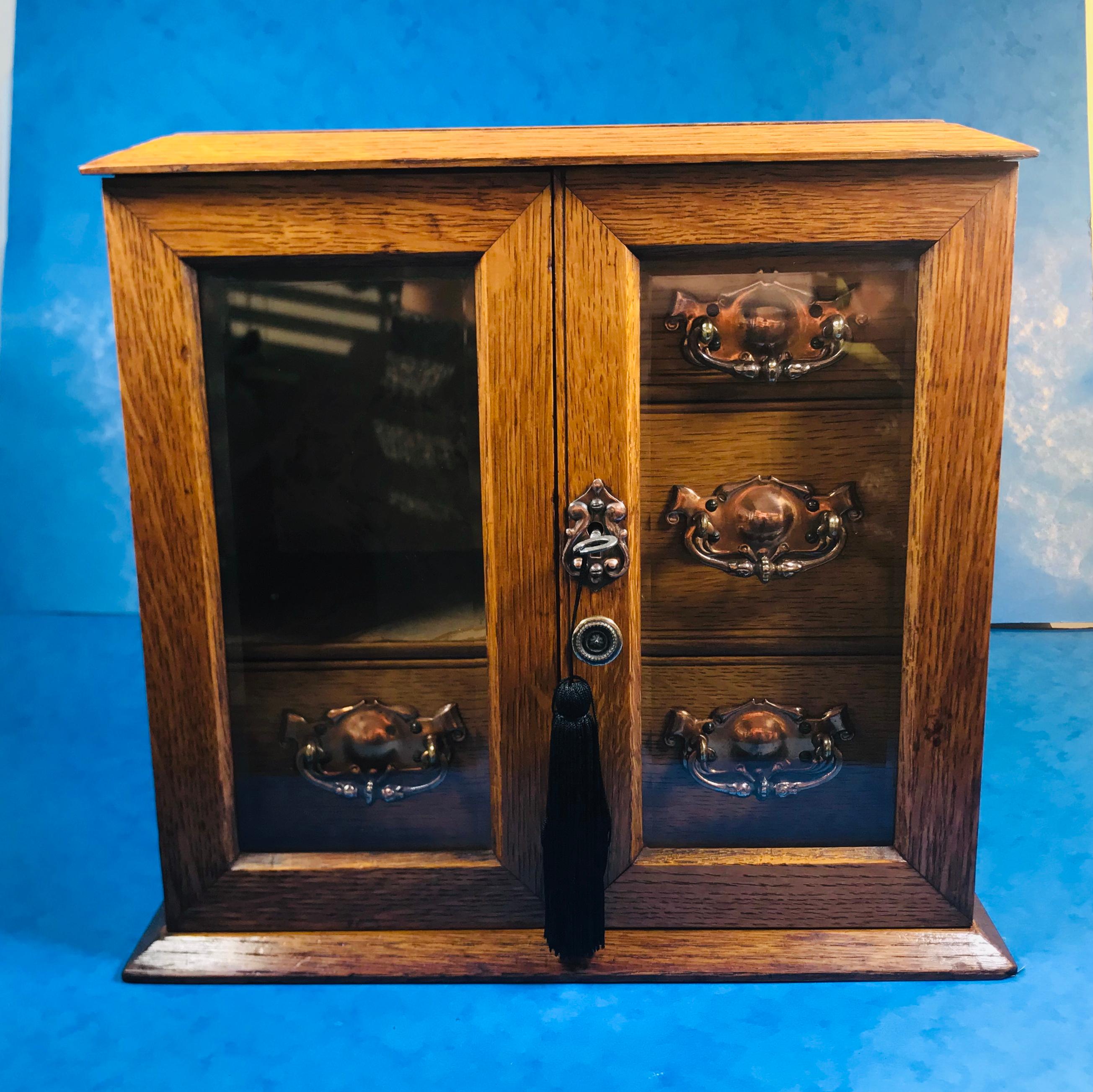 Edwardian Oak Art Nouveau Jewelry Cabinet In Good Condition For Sale In Windsor, Berkshire