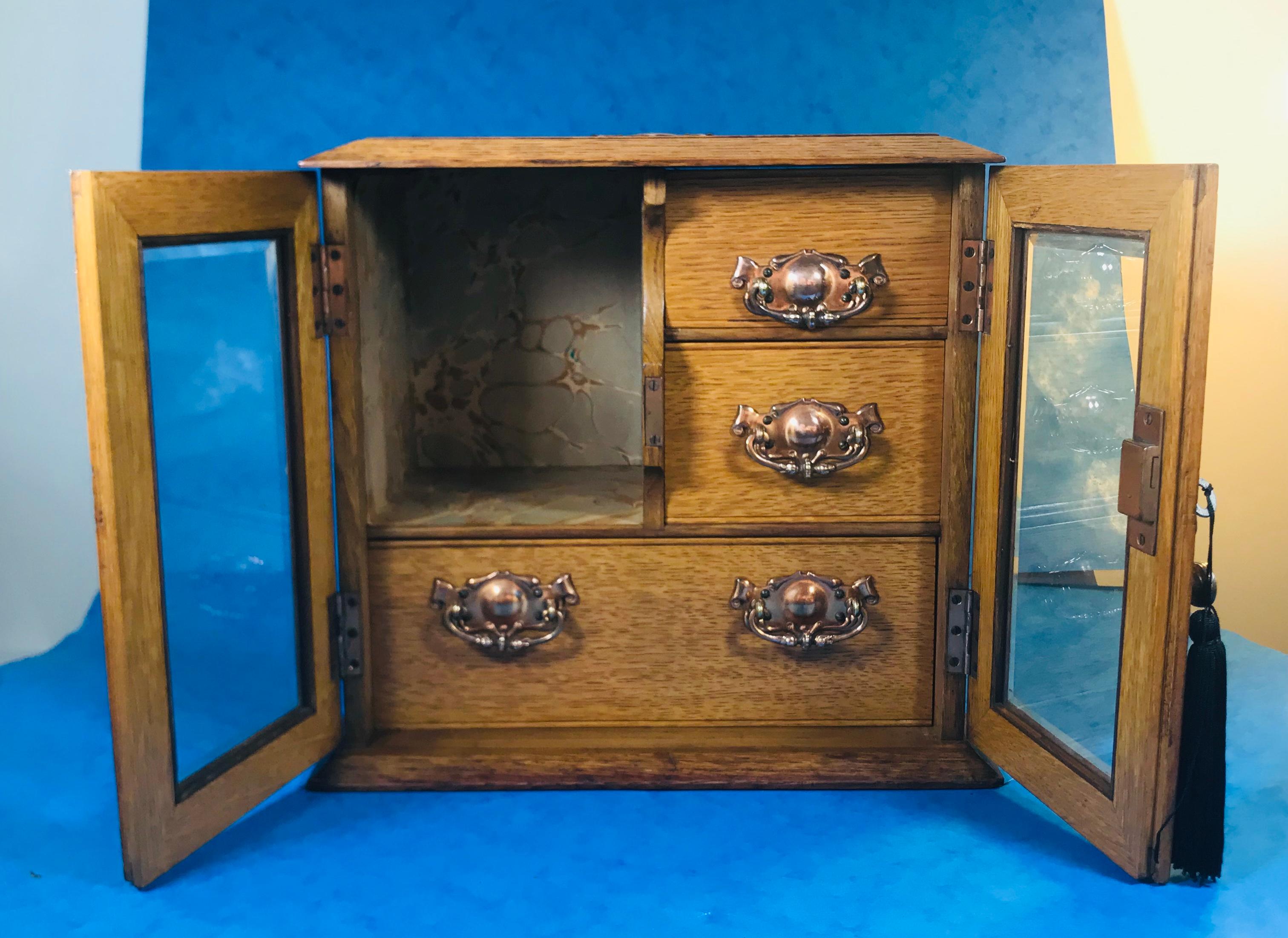 20th Century Edwardian Oak Art Nouveau Jewelry Cabinet For Sale