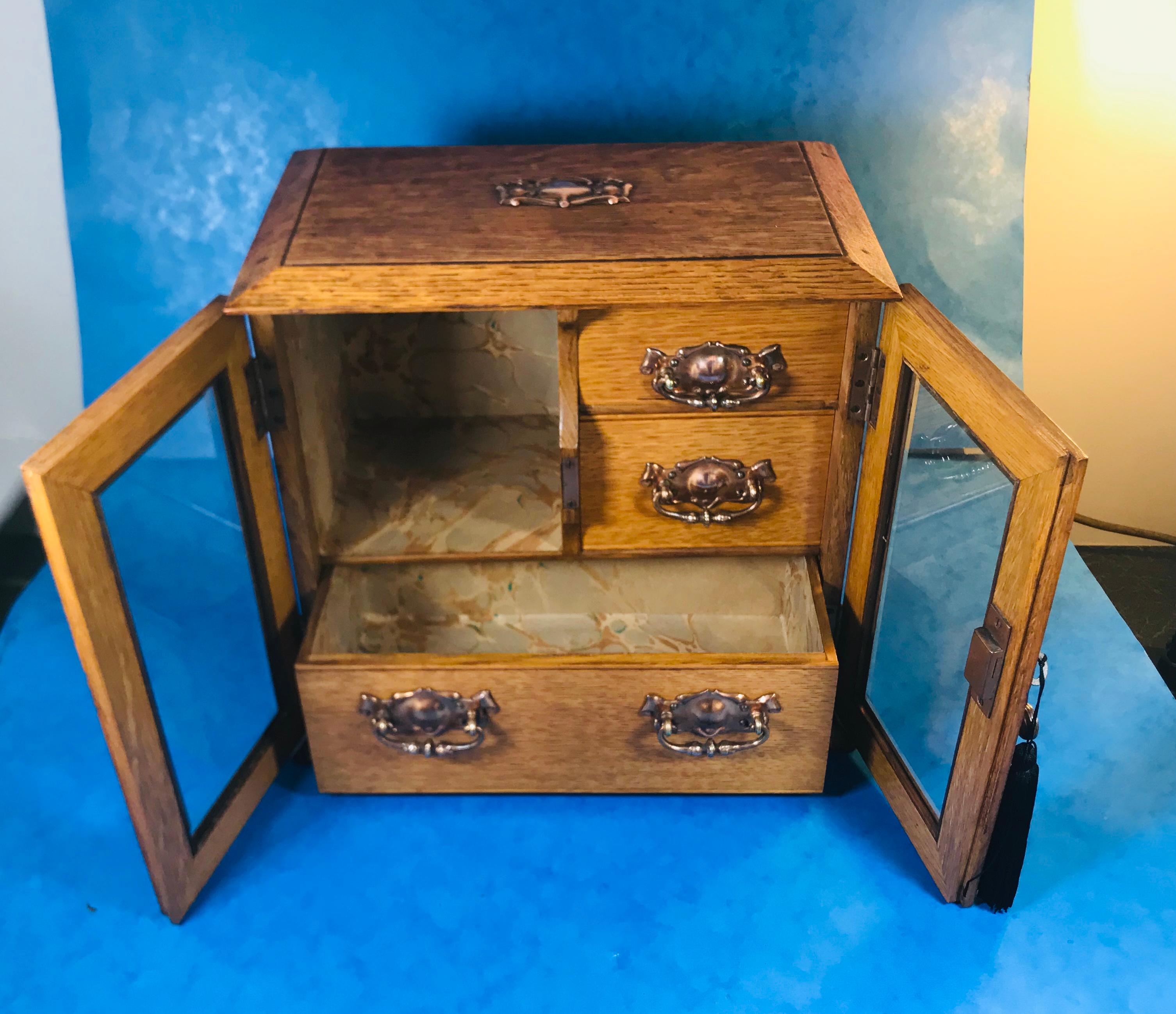 Edwardian Oak Art Nouveau Jewelry Cabinet For Sale 1