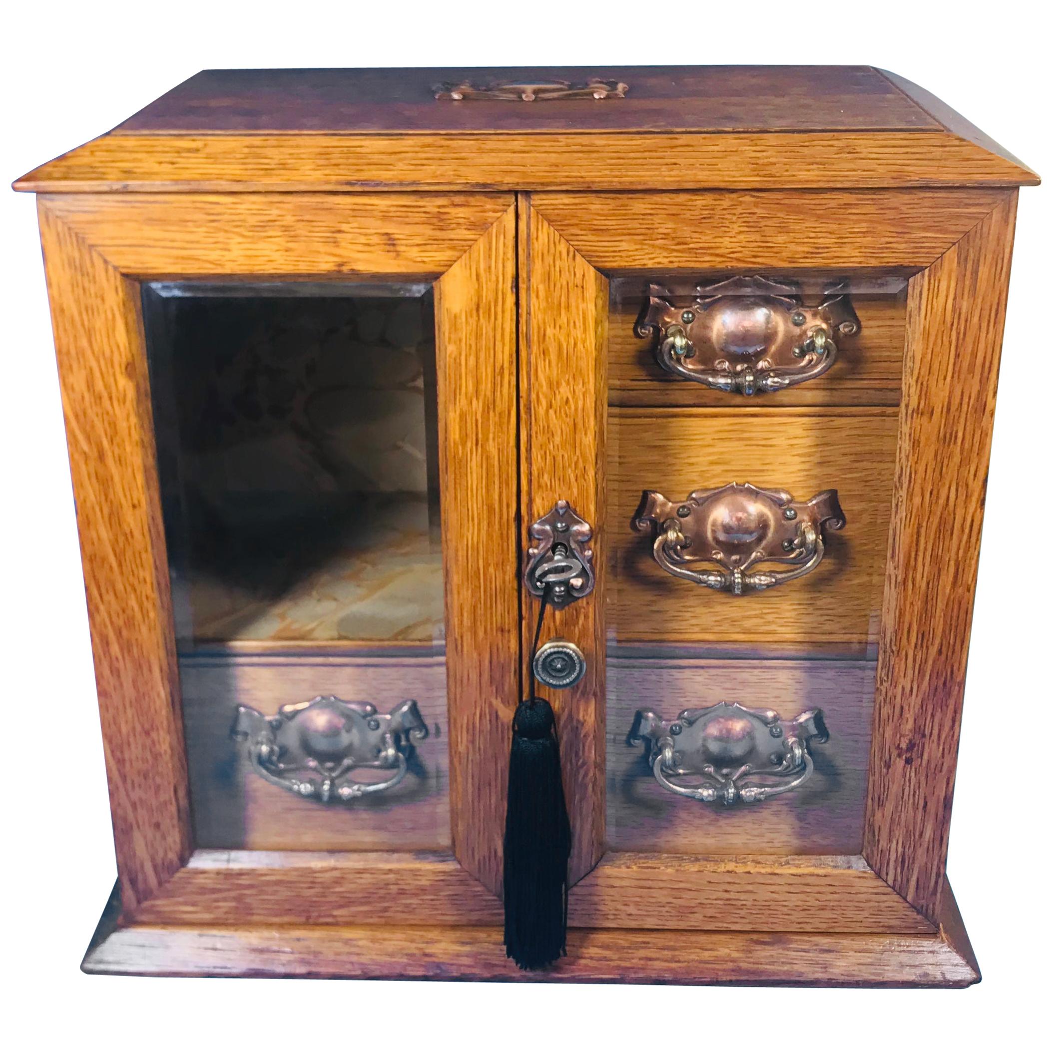 Edwardian Oak Art Nouveau Jewelry Cabinet For Sale