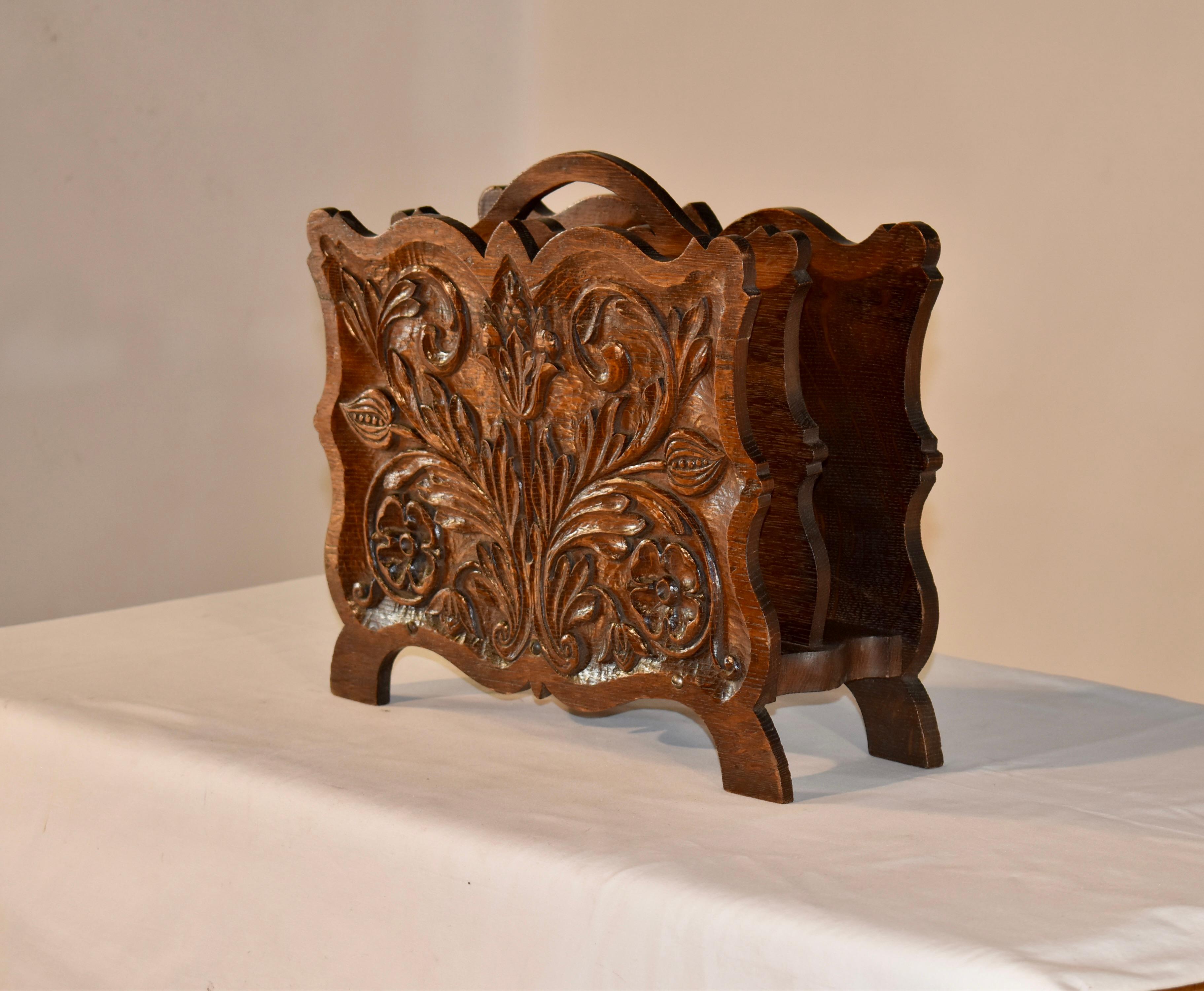 Hand-Carved Edwardian Oak Magazine Rack, circa 1900 For Sale